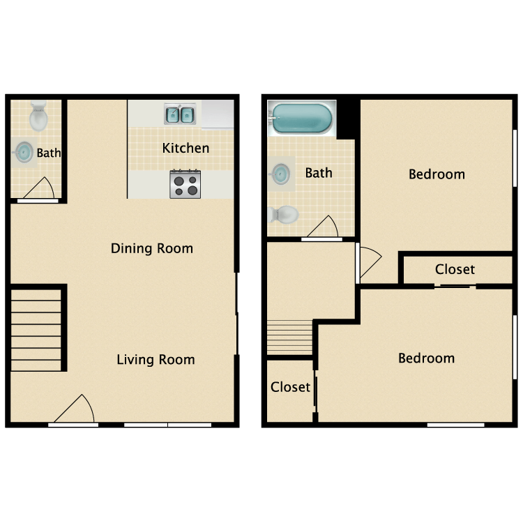 2 Bed 1.5 Bath, a 2 bedroom 1.5 bathroom floor plan.
