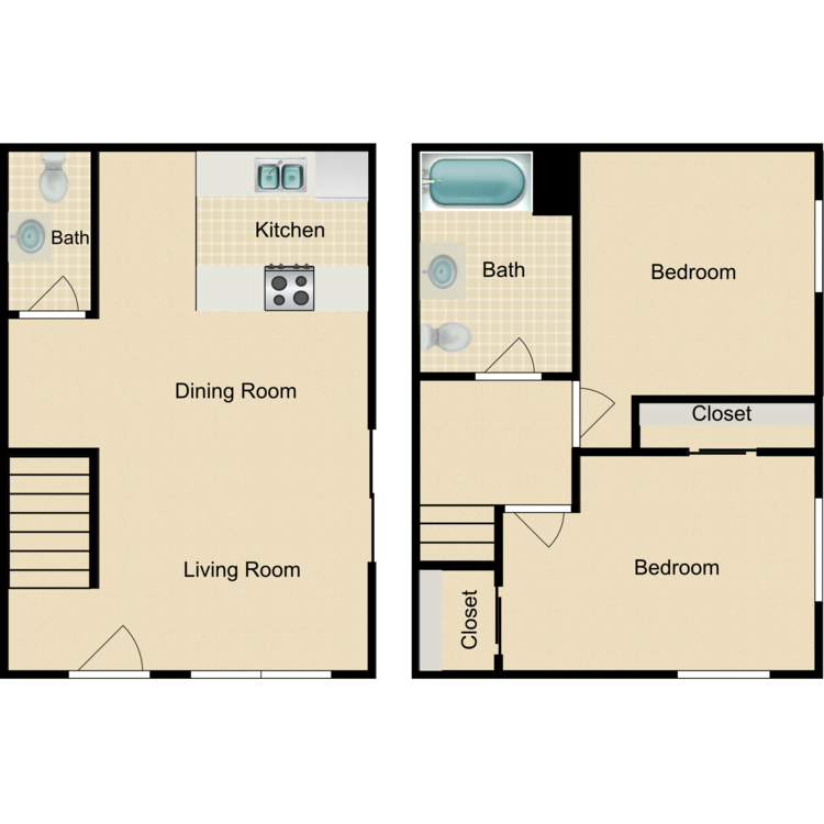 2 Bed 1.5 Bath, a 2 bedroom 1.5 bathroom floor plan.