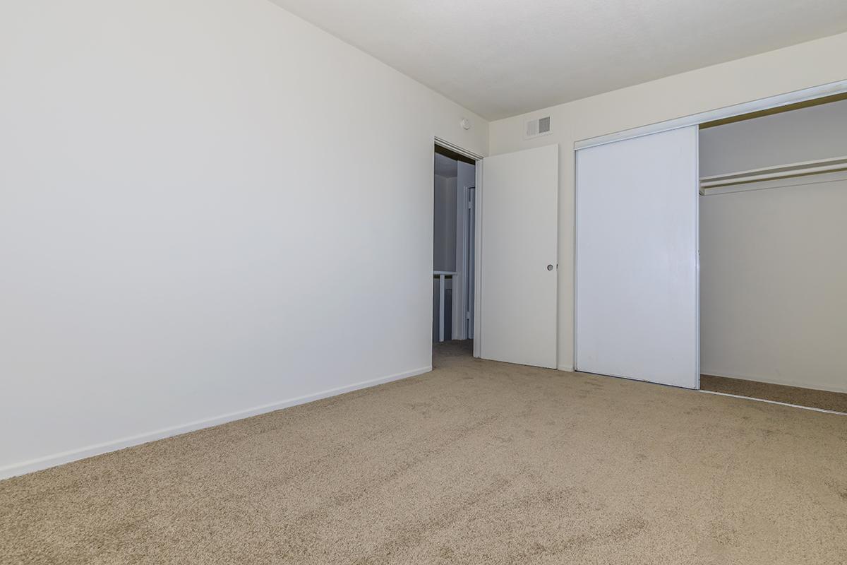 Carpeted bedroom with open closet doors