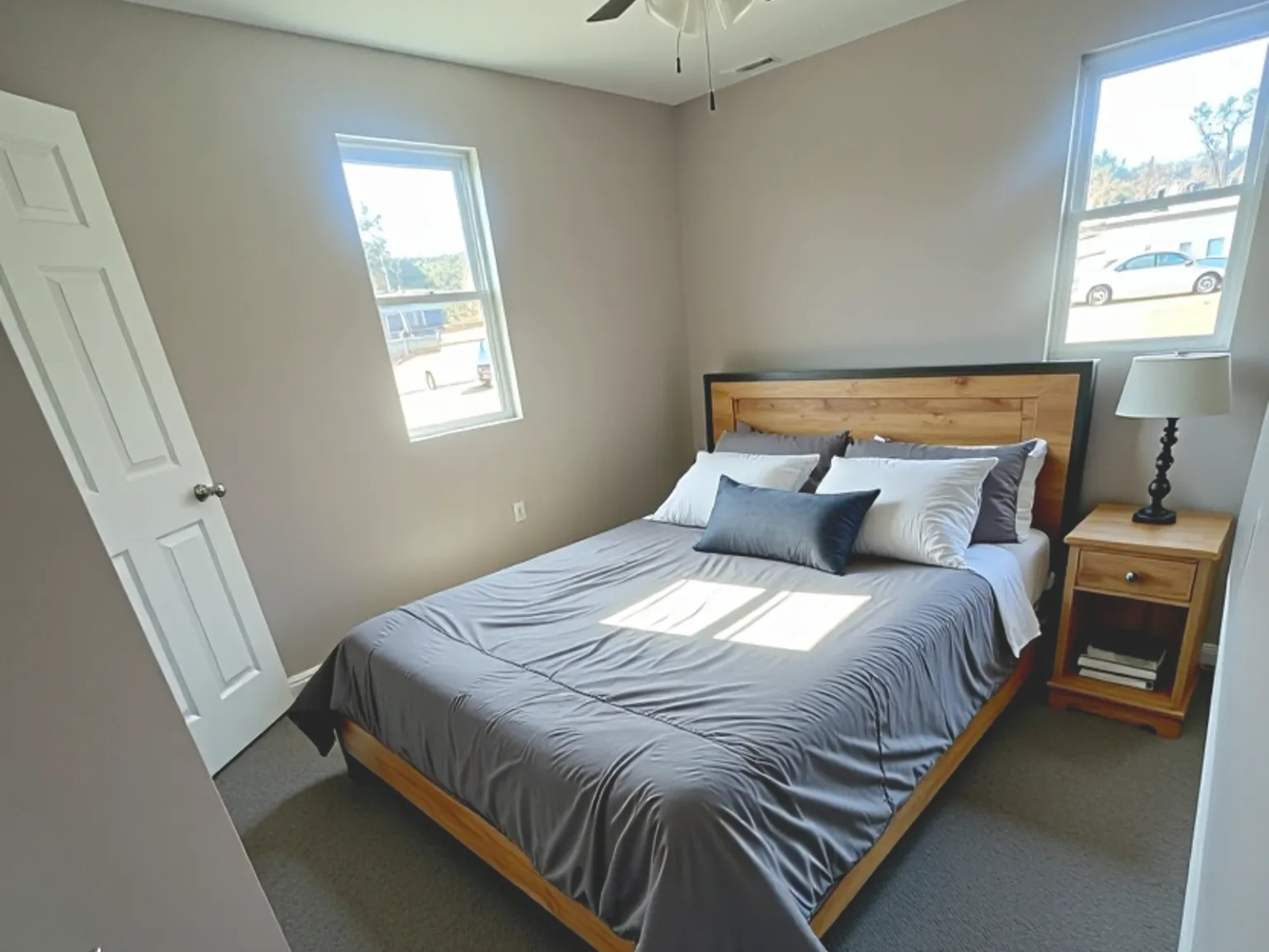 Bedroom with Windows, Carpeting and Ceiling Fan