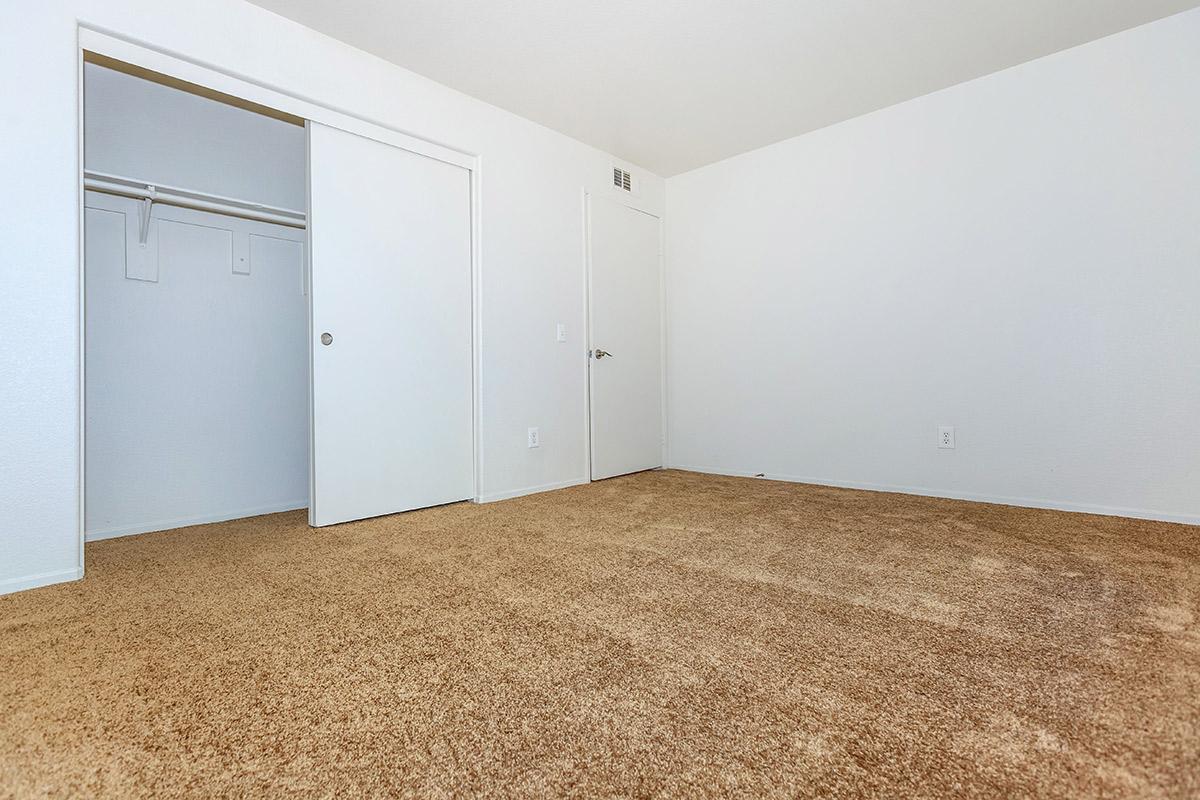 Carpeted bedroom with open sliding closet doors