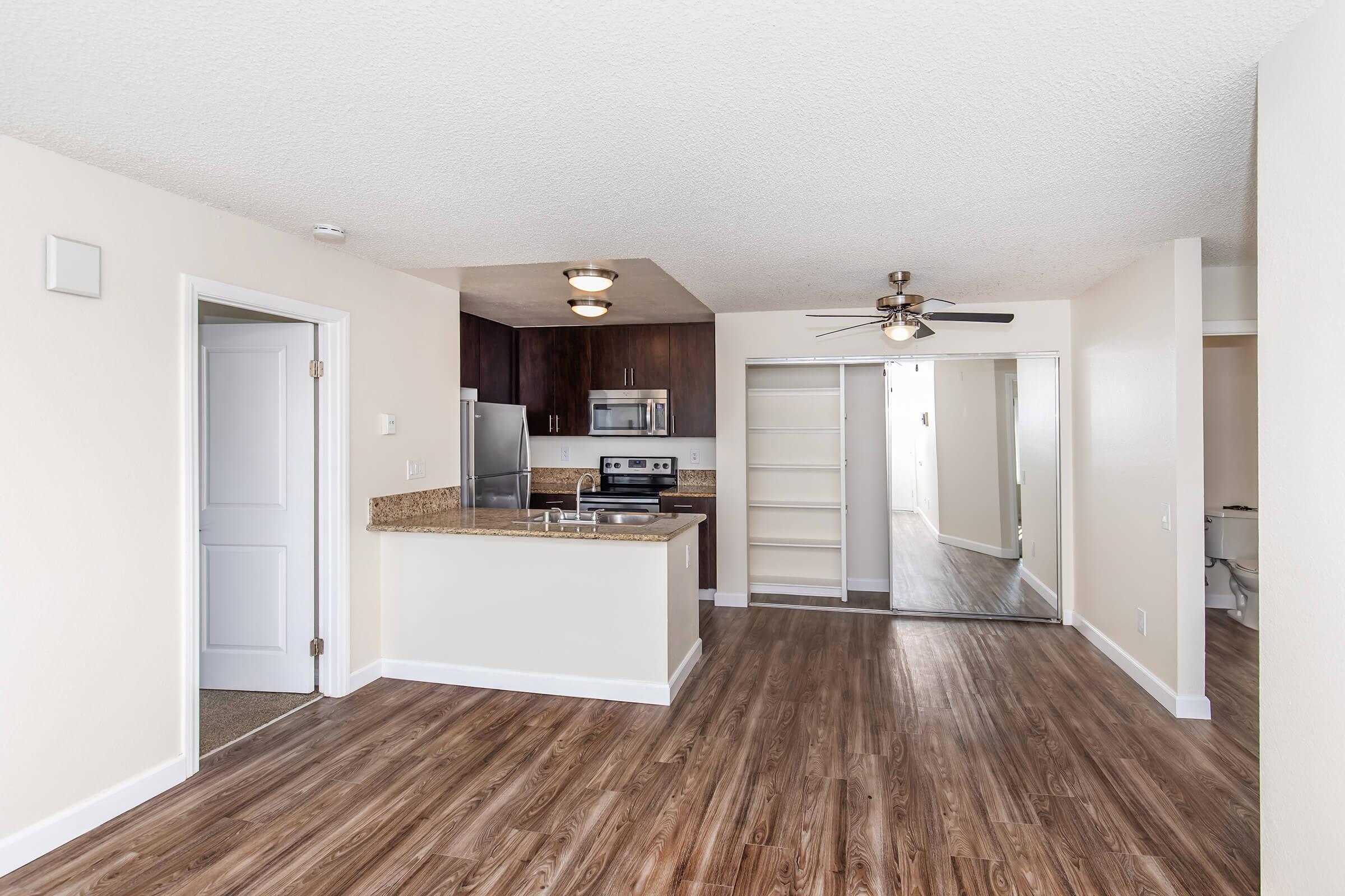 Spacious open-concept living area featuring a kitchen with stainless steel appliances, dark wood cabinets, and granite countertops. The room has modern lighting, a ceiling fan, and laminate flooring. A sliding door leads to a mirrored closet in the adjacent hallway. Bright and airy with neutral wall colors.