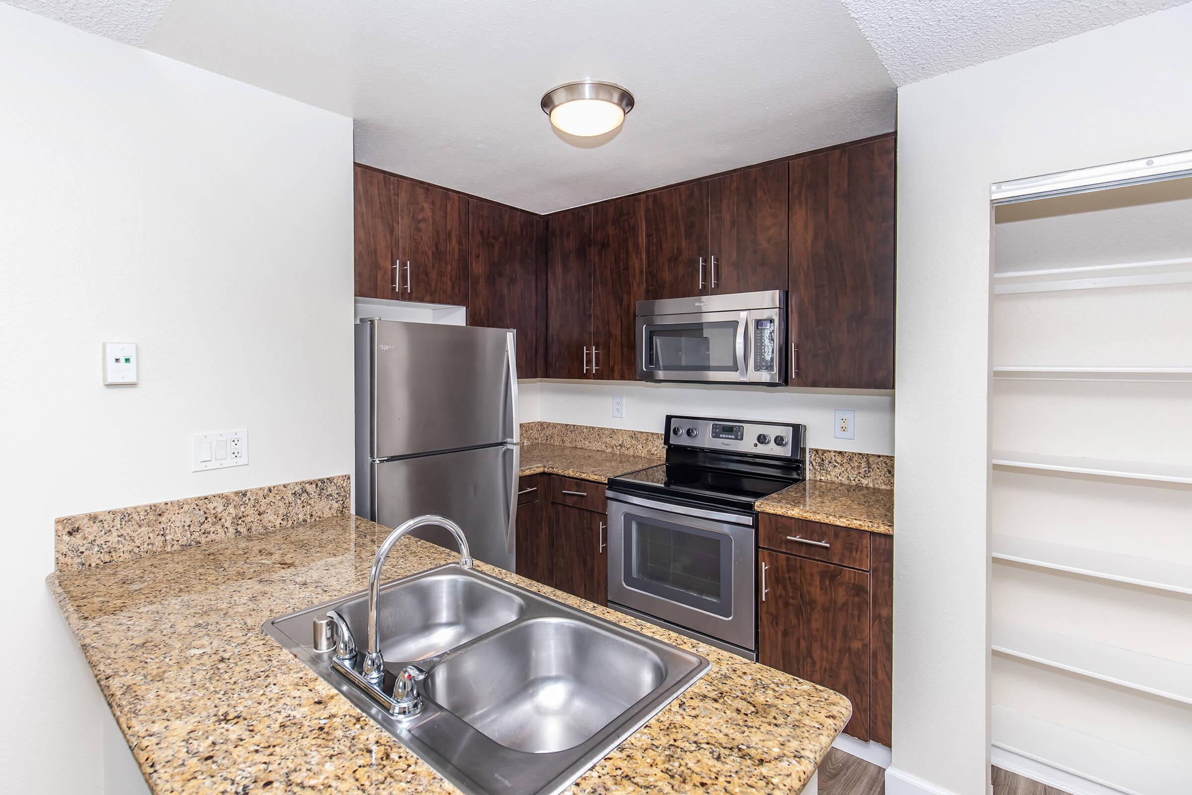 Modern kitchen featuring dark wood cabinetry, stainless steel appliances including a refrigerator, microwave, and oven. There is a spacious granite countertop with a double sink, and a well-lit ceiling fixture. Shelving is visible on the right side. The overall design is sleek and contemporary.
