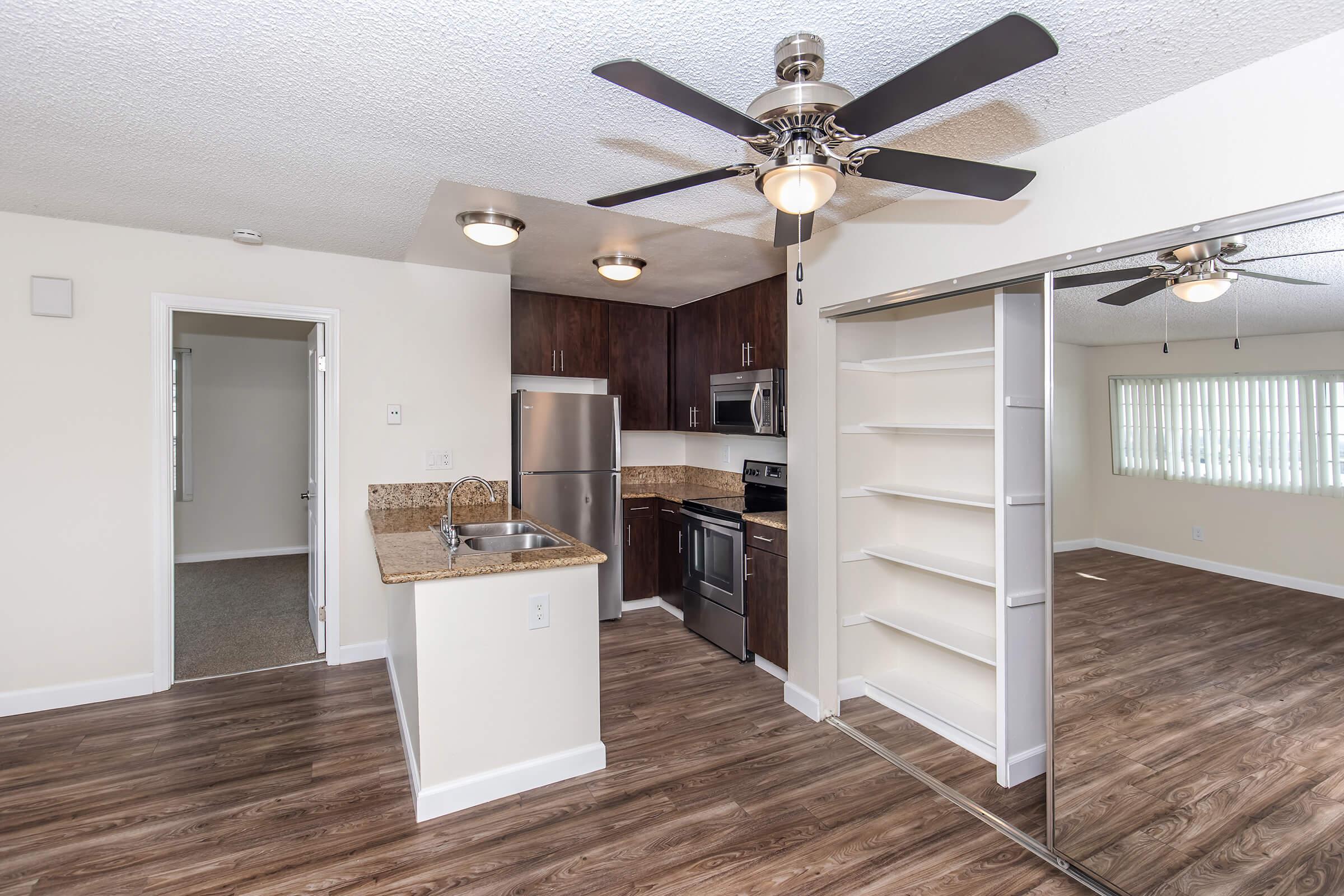 A modern kitchen and living area featuring dark wood cabinets, stainless steel appliances, a granite countertop, and a ceiling fan. The open layout connects to a spacious living room with large windows and hardwood flooring. A mirrored closet is visible in the corner, creating a bright and inviting atmosphere.