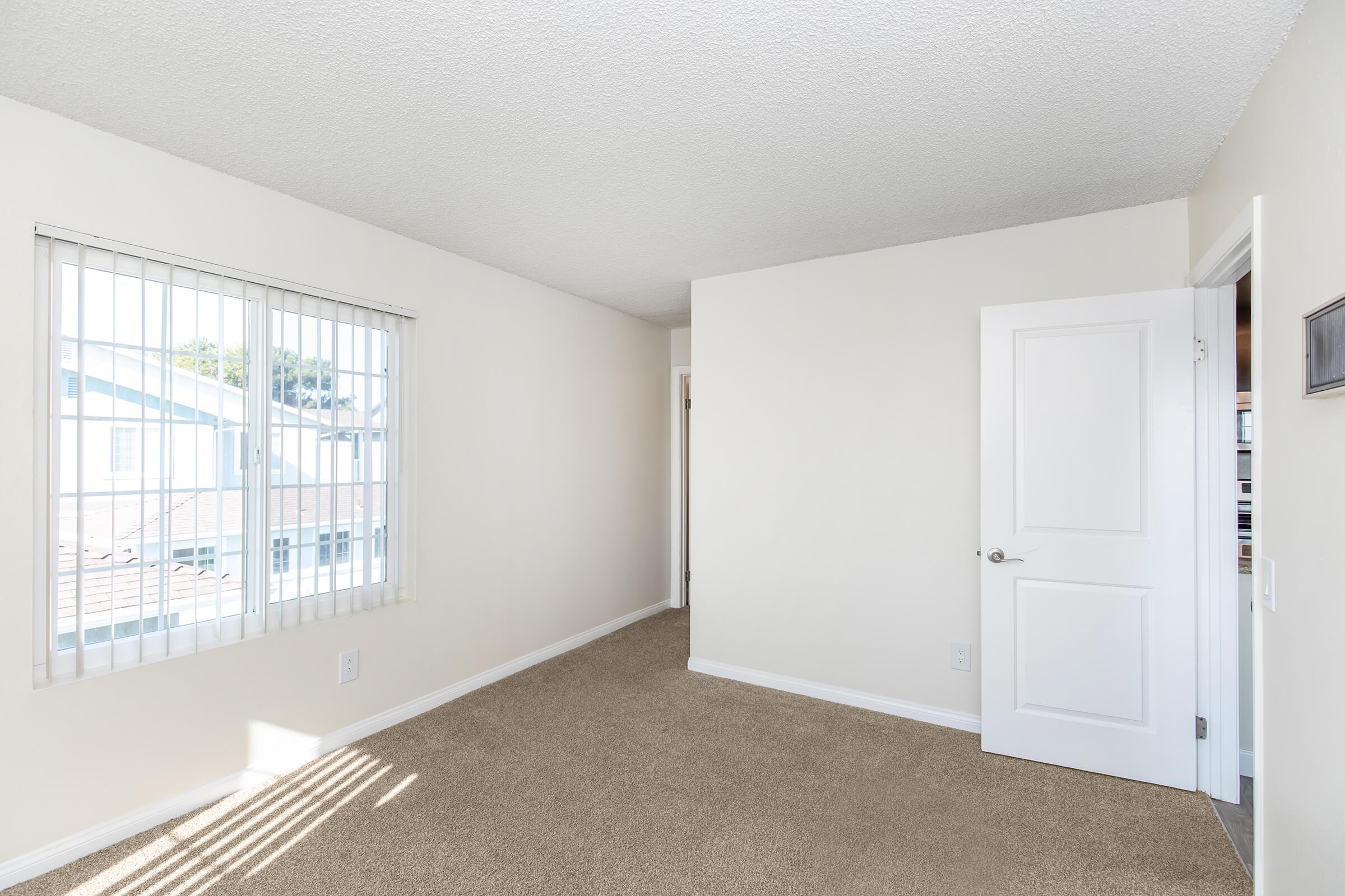 A bright, empty room with beige carpet and light-colored walls. The room features a window with vertical blinds on the left, allowing natural light to enter. A closed white door is visible on the right, and there's a light texture on the ceiling. No furniture is present, giving a spacious and uncluttered appearance.