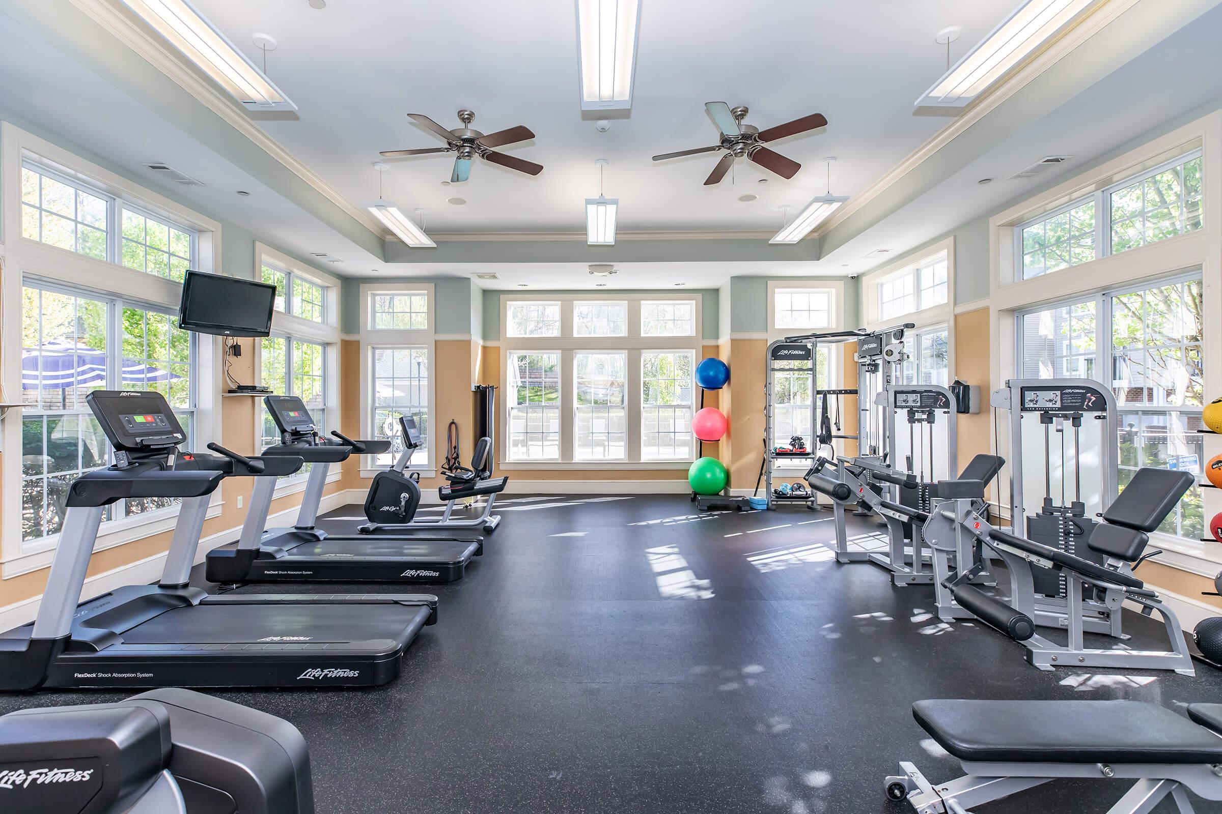 A well-lit gym with large windows, featuring several treadmills, exercise machines, and free weights. Colorful exercise balls are arranged in the corner, and ceiling fans provide ventilation in the space. The flooring is dark and the atmosphere is clean and inviting.
