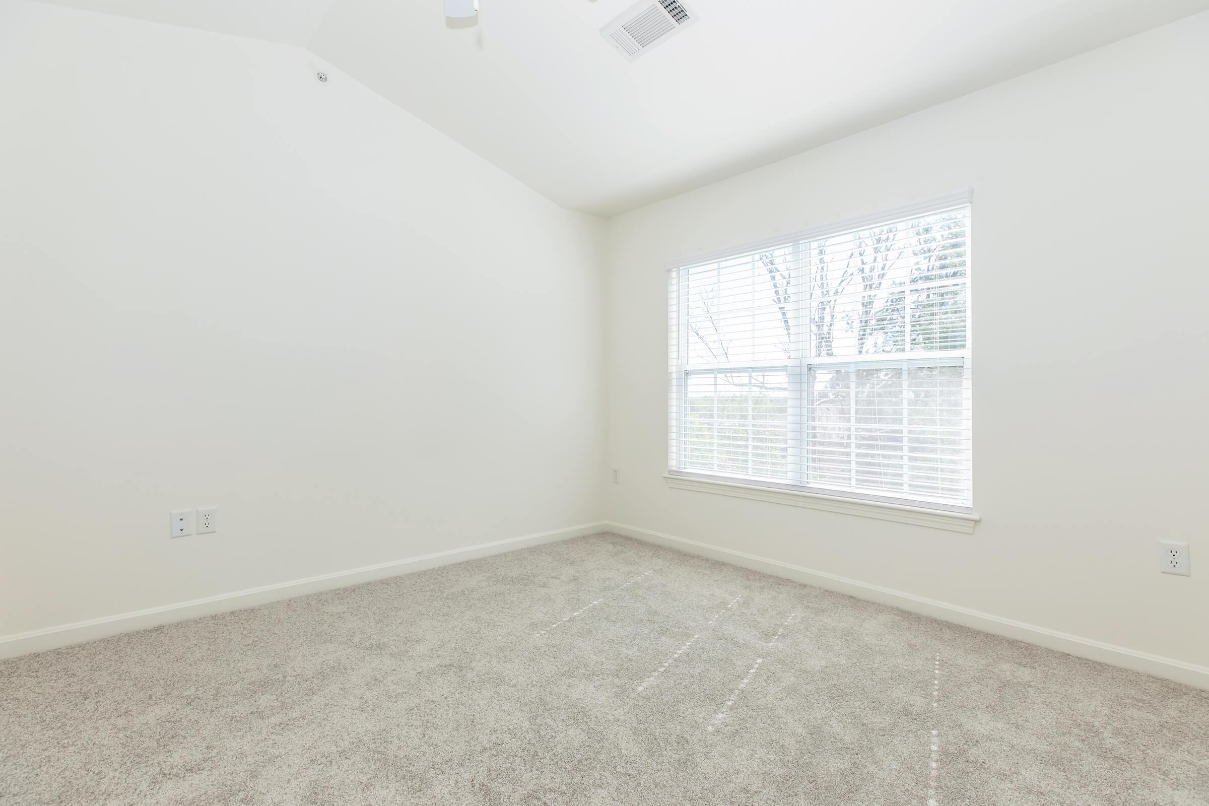 A spacious, empty room with beige carpet and white walls. A large window with blinds allows natural light to fill the space, and the ceiling is slightly sloped. The room is devoid of furniture, creating a clean and minimalistic aesthetic.