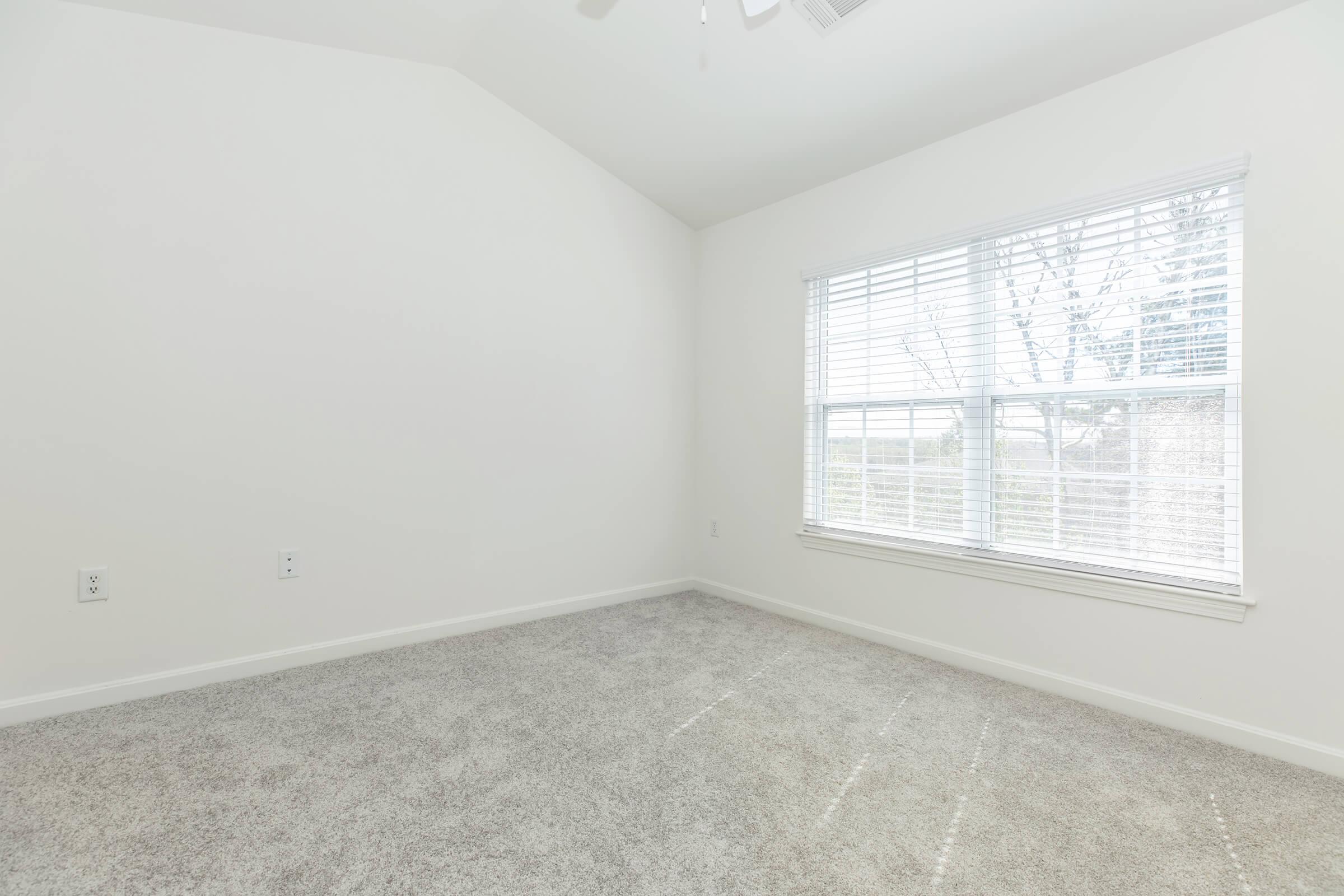 A bright, empty room with light gray carpet and white walls. A window with white blinds lets in natural light, illuminating the space. The ceiling is angled, adding an architectural feature to the otherwise minimalistic interior. No furniture or decor is present, highlighting the room's spaciousness.