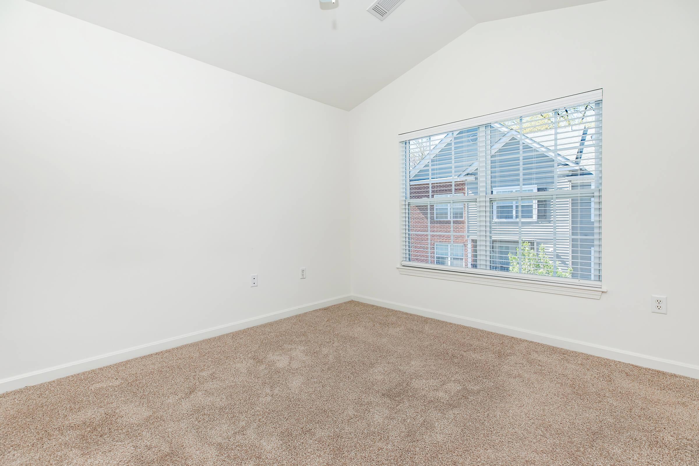 Empty room with light-colored walls and a carpeted floor. A large window with white blinds lets in natural light, showing the view of a neighborhood outside. The ceiling is angled, giving the space a spacious feel.