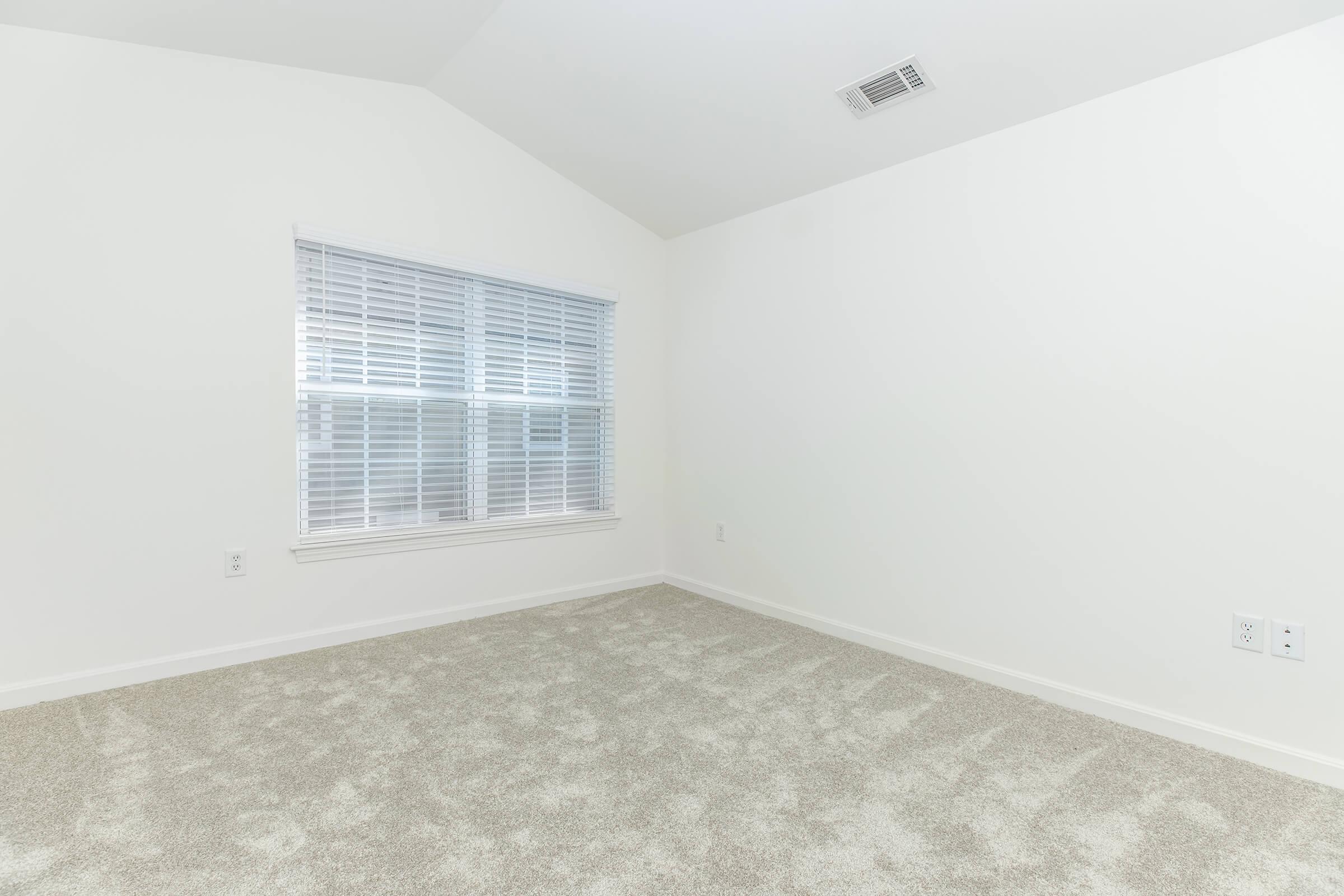 Empty room featuring light beige carpet, white walls, and a peaked ceiling. A large window with blinds allows natural light to fill the space, creating a bright and airy atmosphere. The room is unfurnished, offering a blank canvas for decoration and personalization.