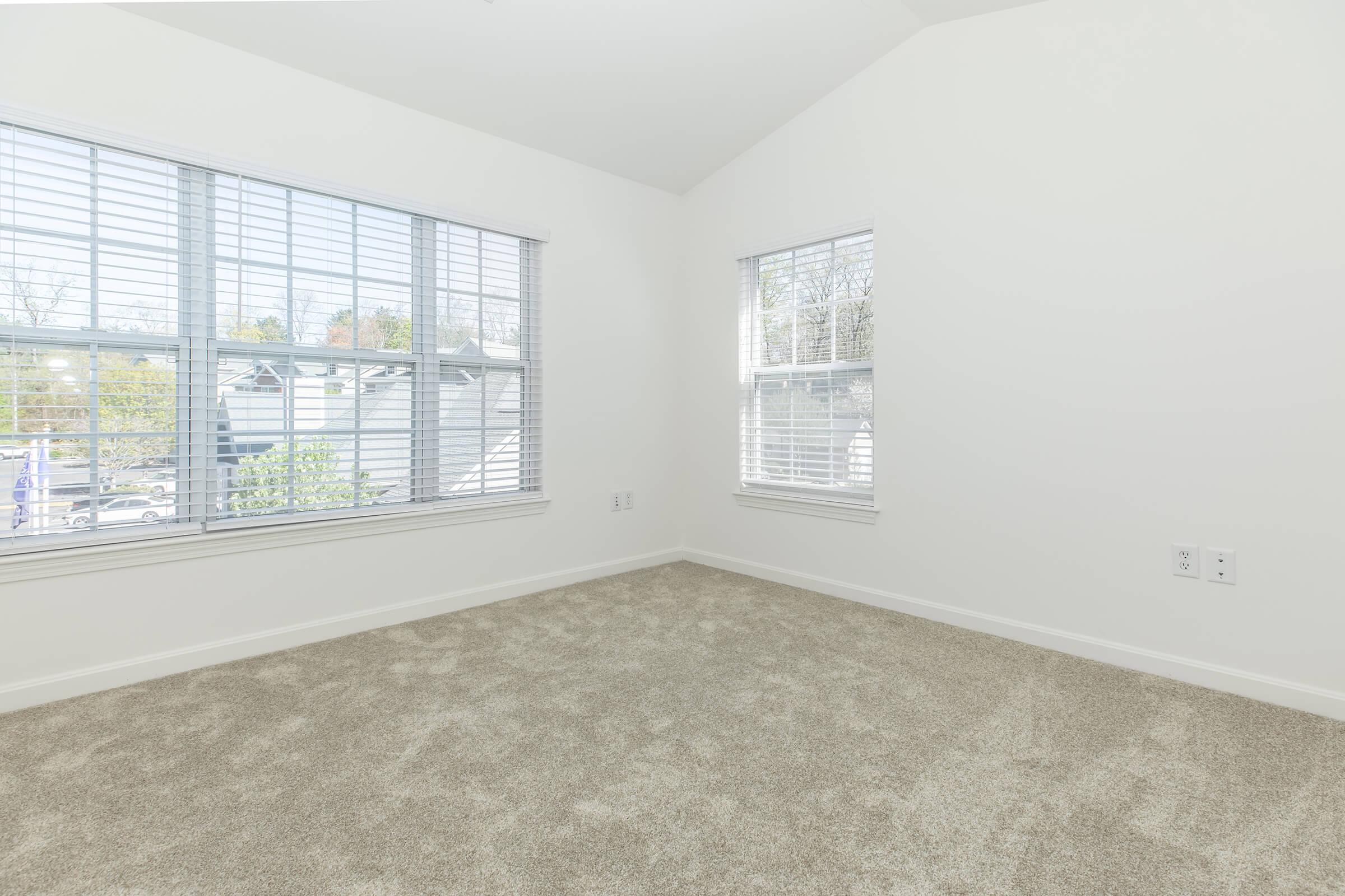 A bright, empty room with white walls and large windows allowing natural light to fill the space. The floor is covered with beige carpet, and there are no furniture items present, creating a clean and open atmosphere.