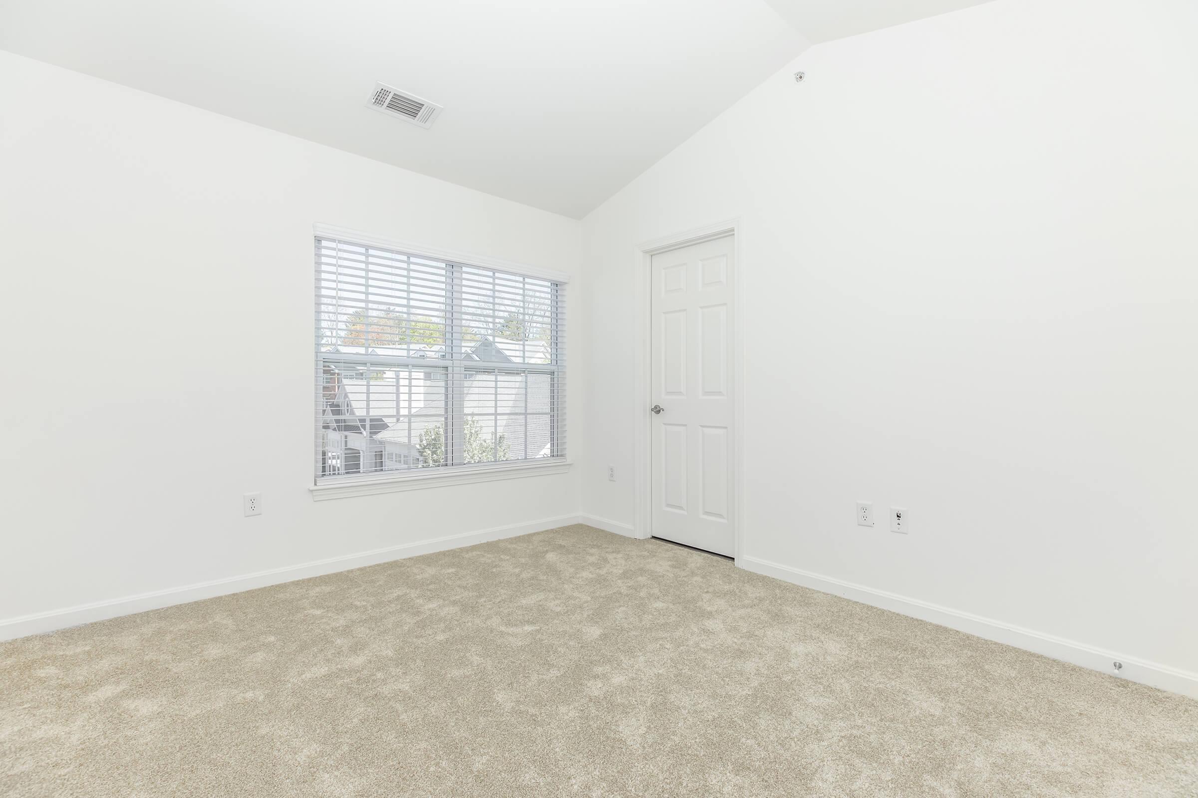 A bright, empty room with beige carpet flooring, white walls, and a high ceiling. There is a window with blinds on the left side, letting in natural light. A closed door is visible to the right, leading to another space. The room is uncluttered and spacious, perfect for personal decoration.