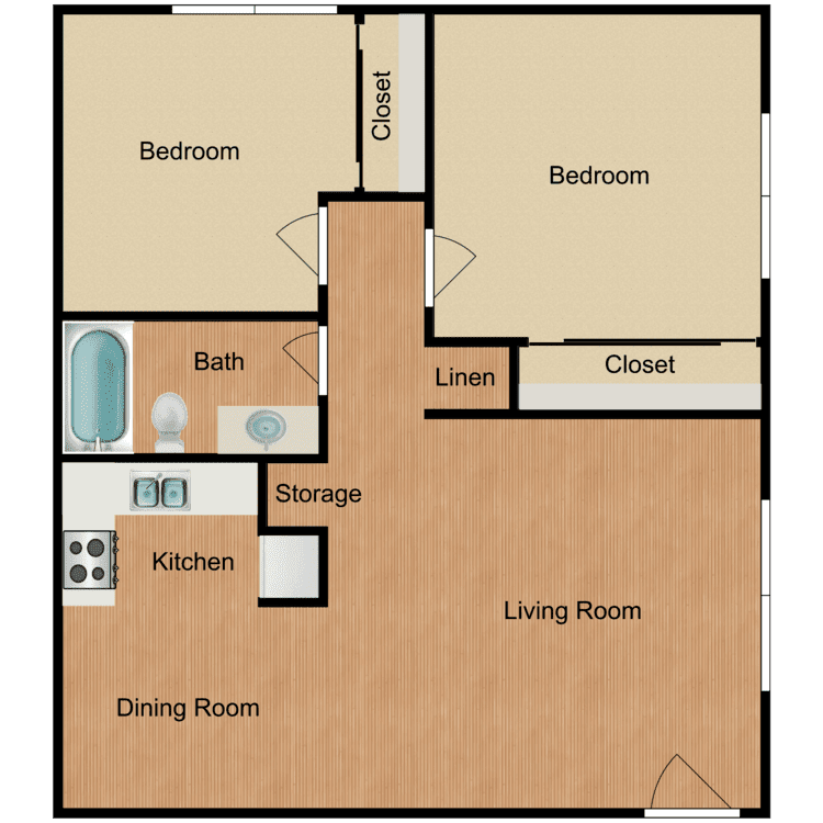 Two Bedroom, a 2 bedroom 1 bathroom floor plan.
