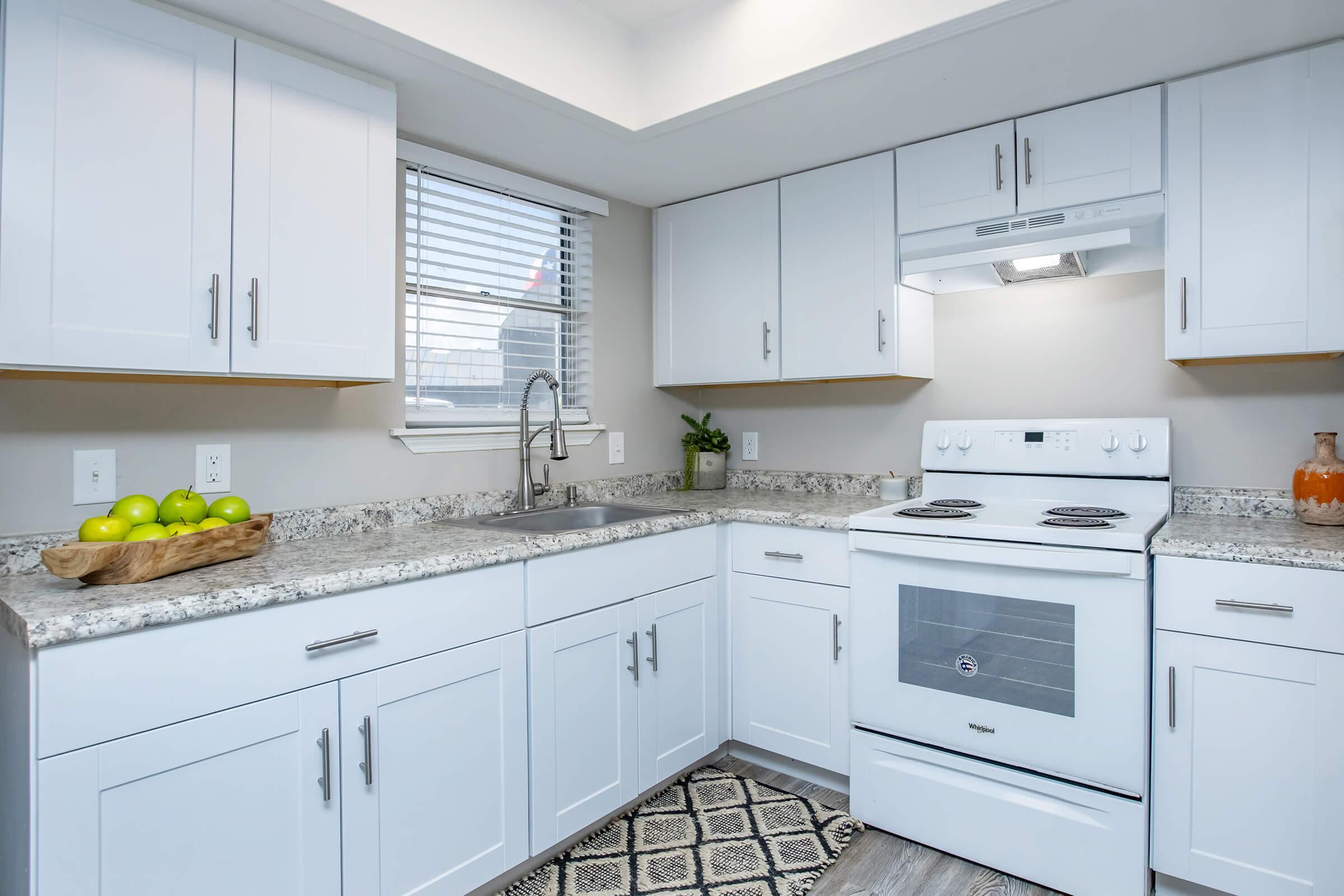 A modern kitchen featuring white cabinets and a granite countertop. The kitchen includes a stainless steel sink under a window, an electric stove with an overhead range hood, and a decorative bowl of green apples on the counter, along with a patterned rug on the floor. Natural light brightens the space.