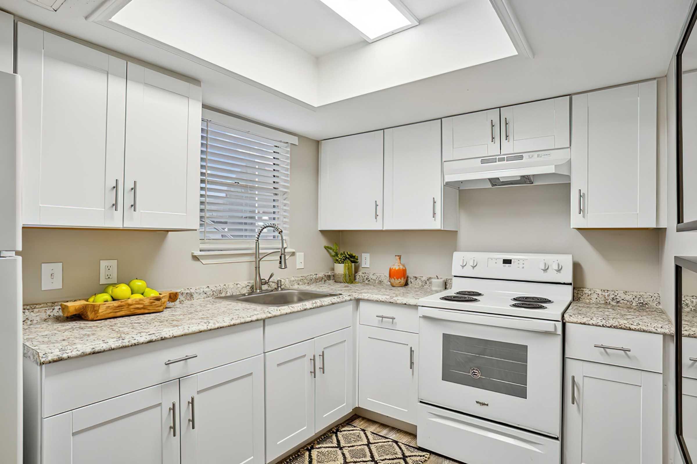 A modern kitchen featuring white cabinets, a granite countertop, and stainless steel appliances. The stove is electric with a hood above it, and there's a sink under a window with a view outside. A wooden bowl with green apples sits on the countertop, complemented by a patterned rug on the floor.