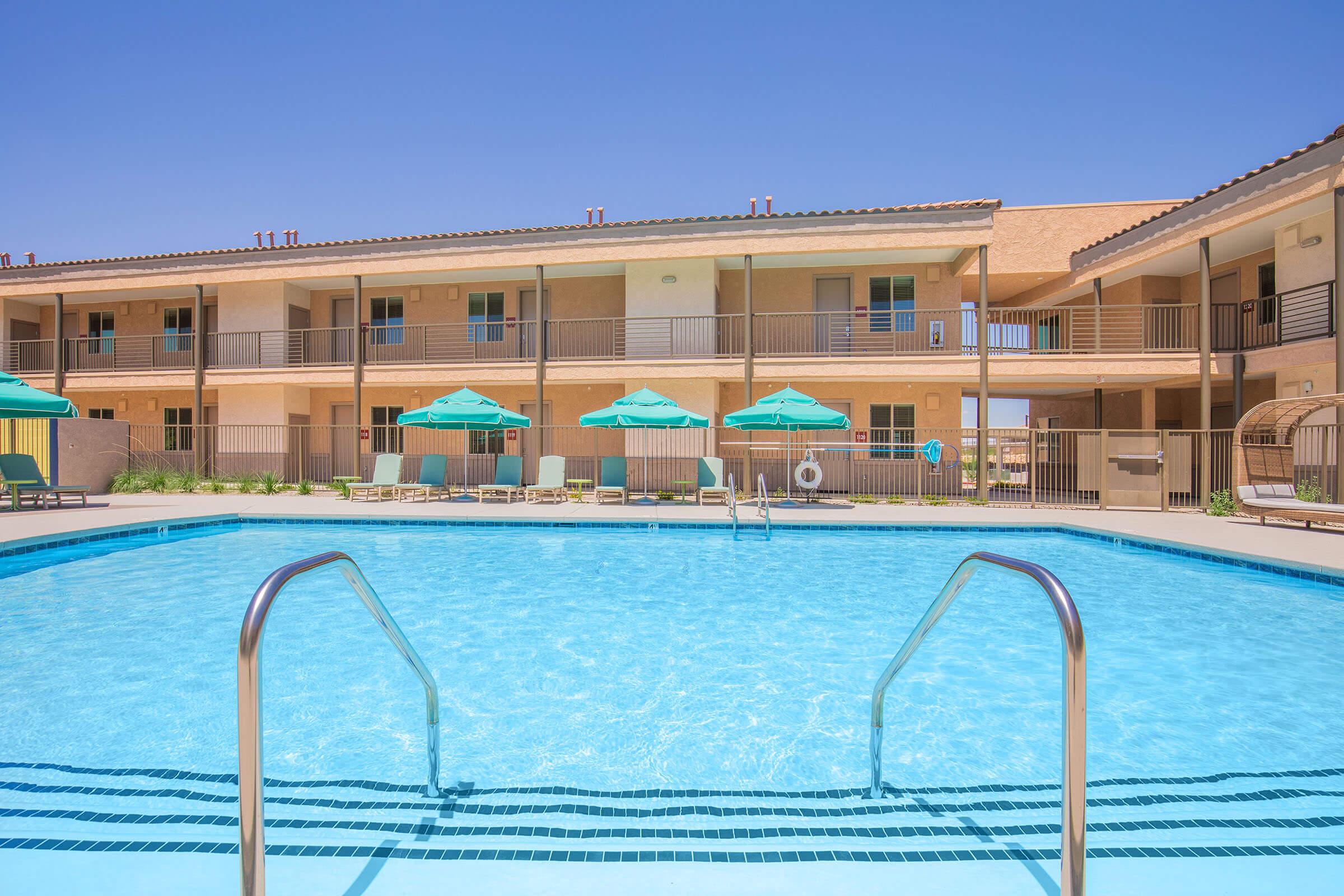 a pool of water in front of a building