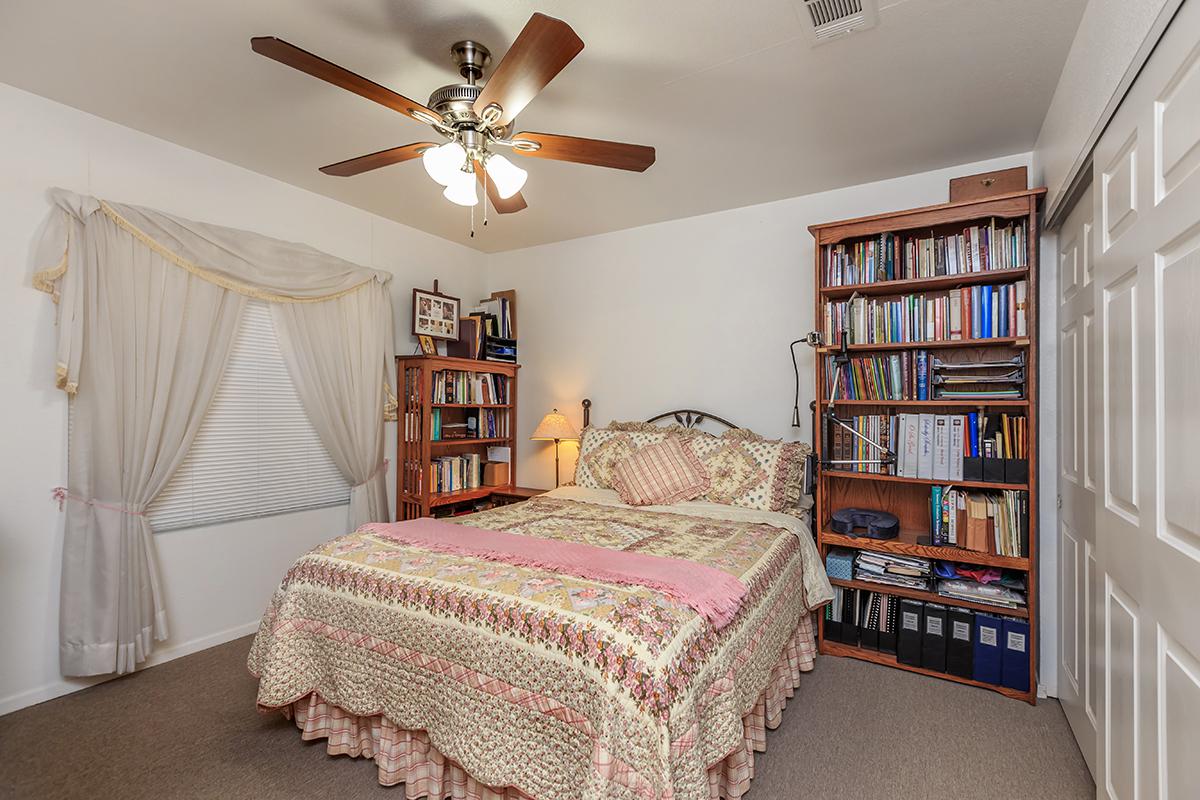 a bedroom with a bed and a book shelf