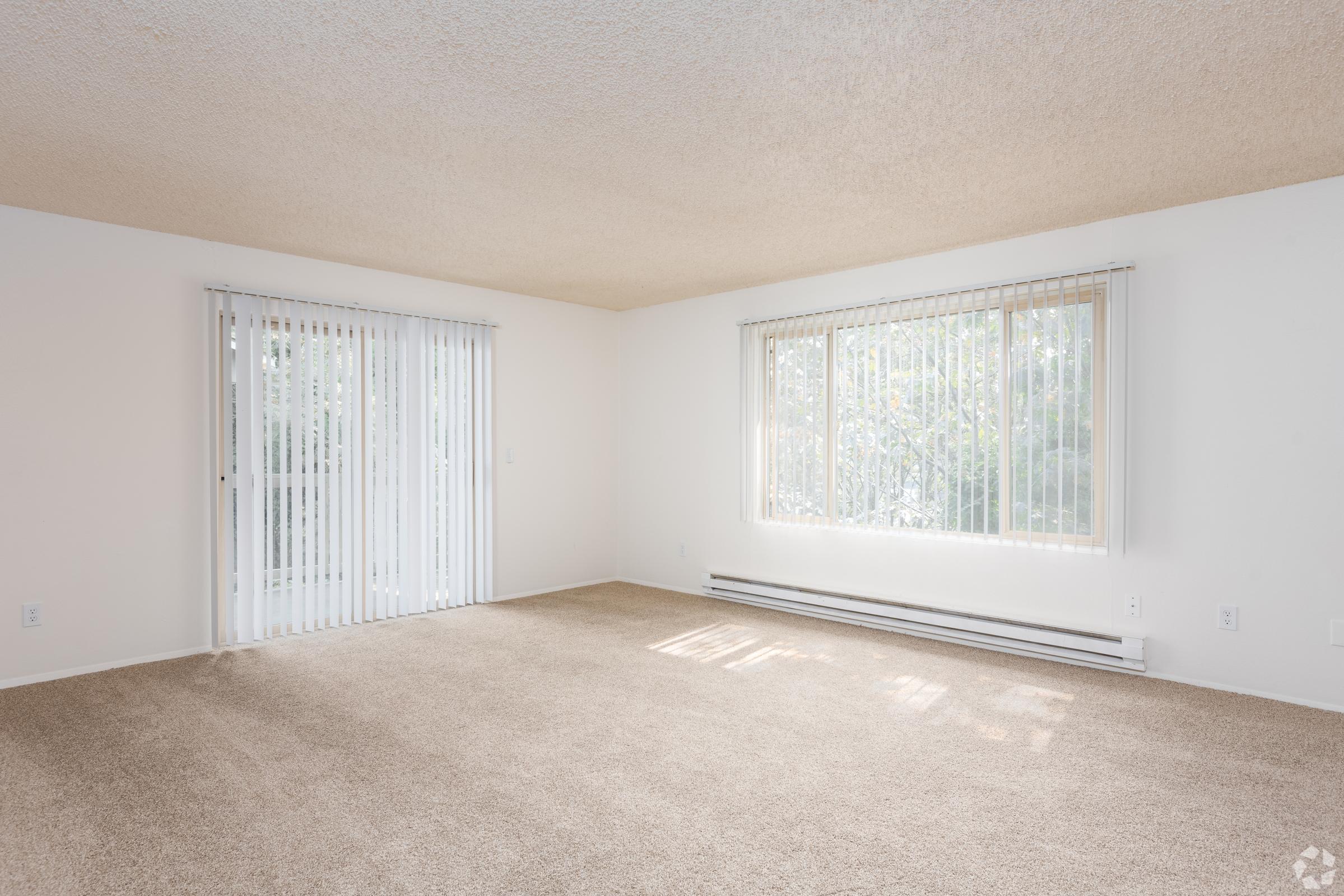 Spacious empty room with beige carpet, two large windows covered by vertical blinds allowing natural light. The walls are painted white, and there is a baseboard heater beneath the windows. The ceiling has a textured finish, and the overall ambiance is clean and inviting.