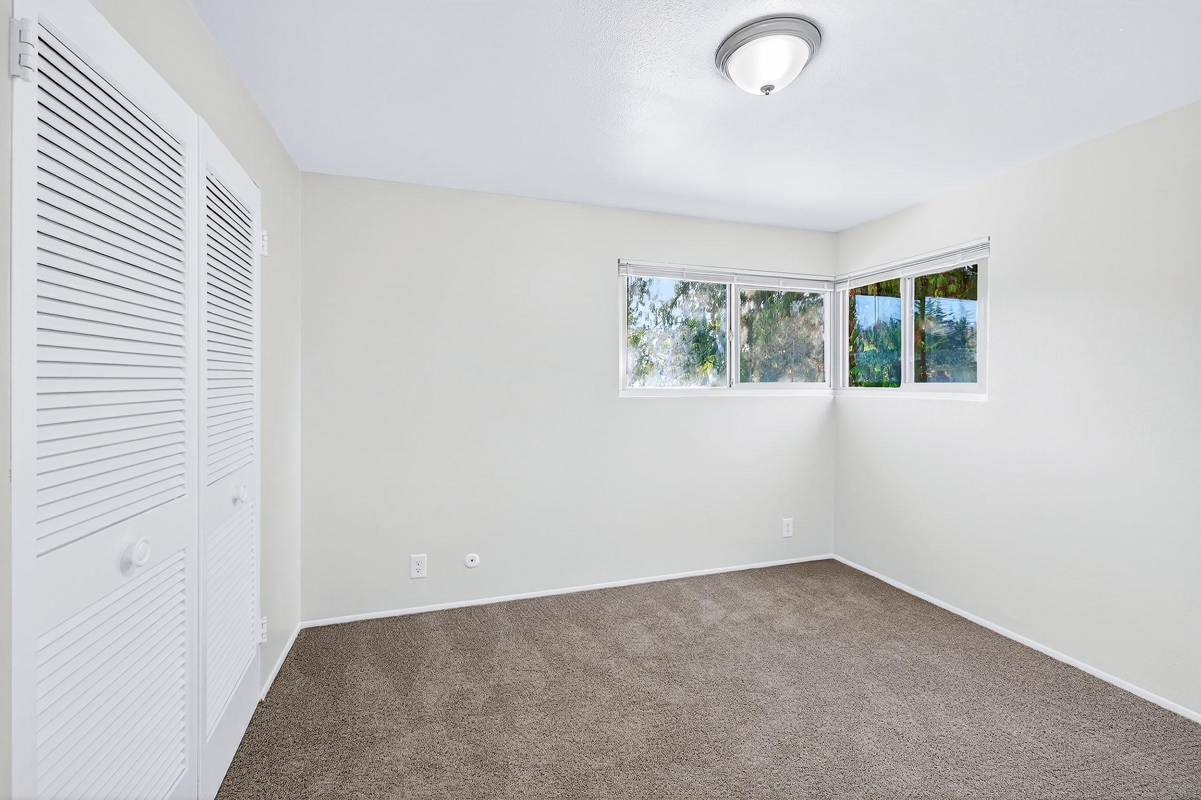 Empty room with beige carpet and white walls. A window with a view of greenery is located on the right, providing natural light. There is a closed closet with sliding white doors on the left side. The ceiling features a simple light fixture. The overall atmosphere is clean and bright.