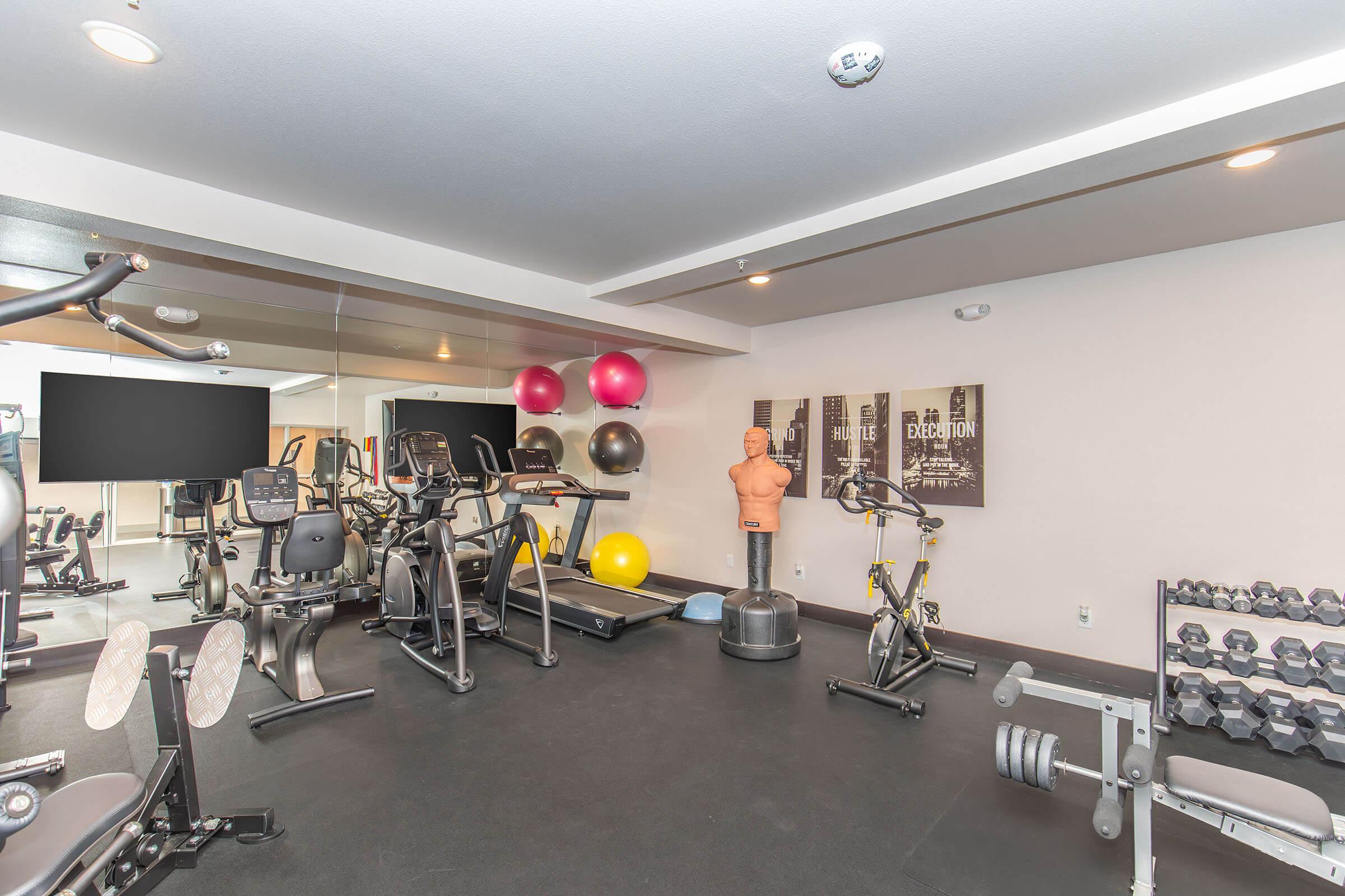 A modern gym interior featuring various exercise equipment, including treadmills and elliptical machines. There are colorful exercise balls on the wall, a dumbbell rack, and a training dummy. The space is well-lit with mirrors and motivational posters, creating an inviting atmosphere for workouts.