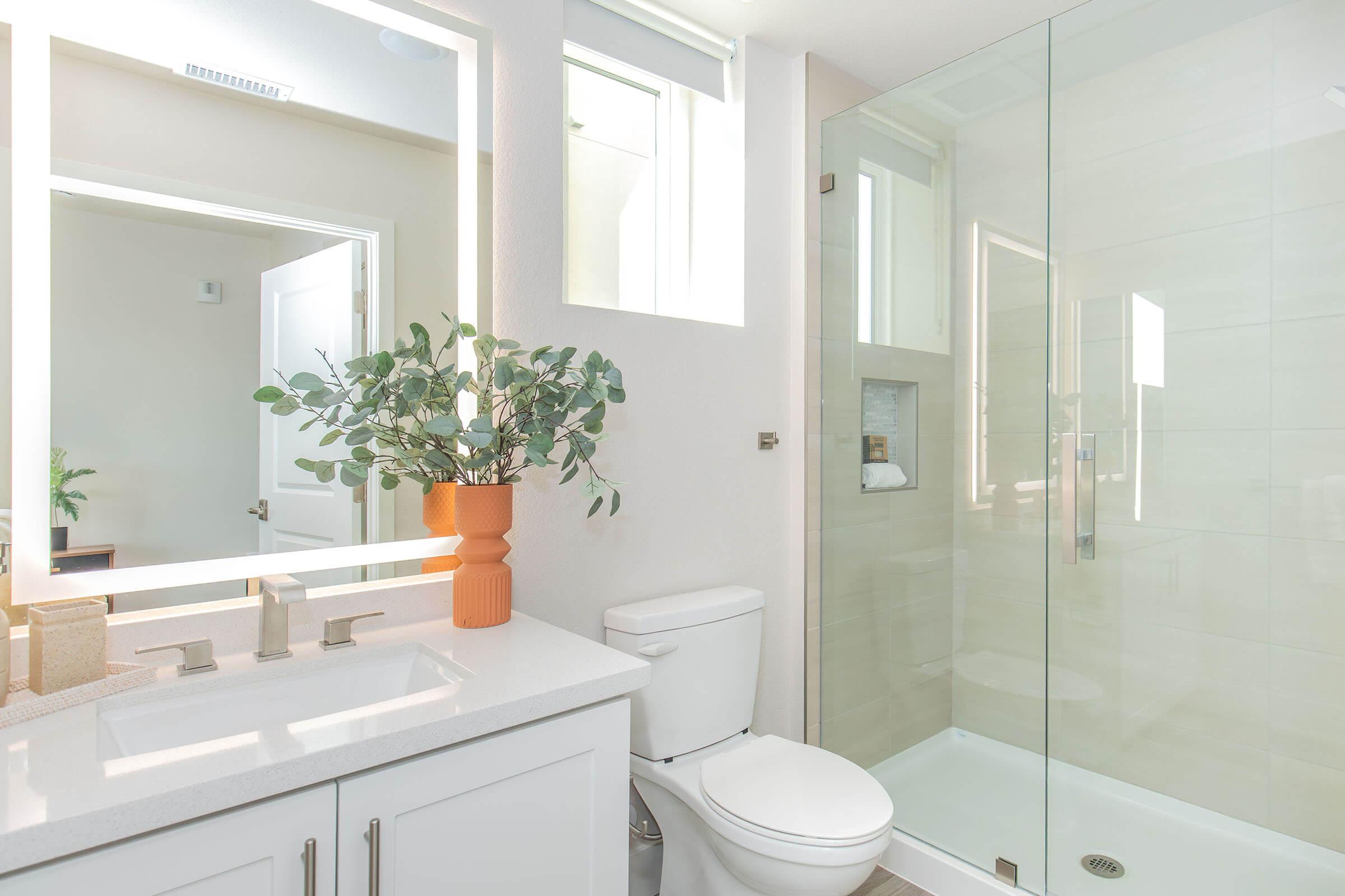 Modern bathroom featuring a glass shower, a white toilet, and a double sink vanity with sleek faucets. A potted plant adds a touch of greenery, while large windows provide natural light. The walls are light-colored, enhancing the space's brightness and openness.