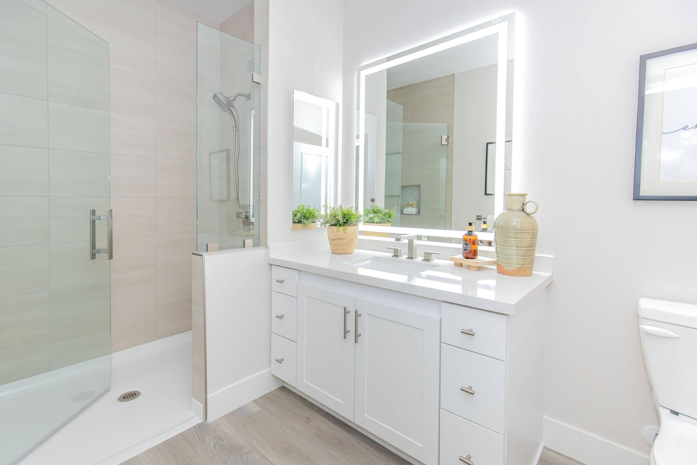 A modern bathroom featuring a glass shower, white cabinetry with silver handles, a double sink with a light-colored countertop, a rectangular mirror with built-in lighting, a potted plant, and decorative items. The walls are painted light, enhancing the bright and airy atmosphere.