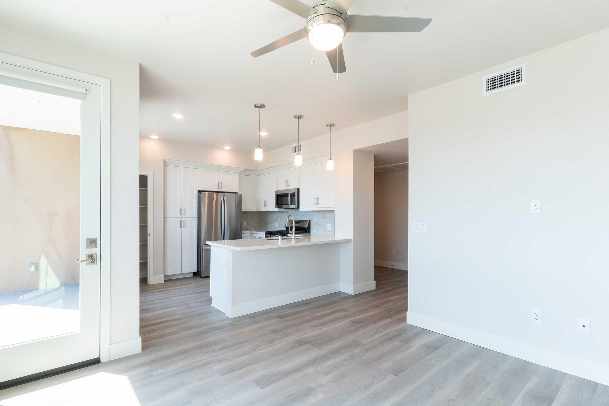 Modern kitchen and living area featuring stainless steel appliances, light cabinetry, and a ceiling fan. The space has light-colored walls and hardwood-like flooring, with large windows allowing natural light. A sliding glass door leads to a balcony or outdoor area.