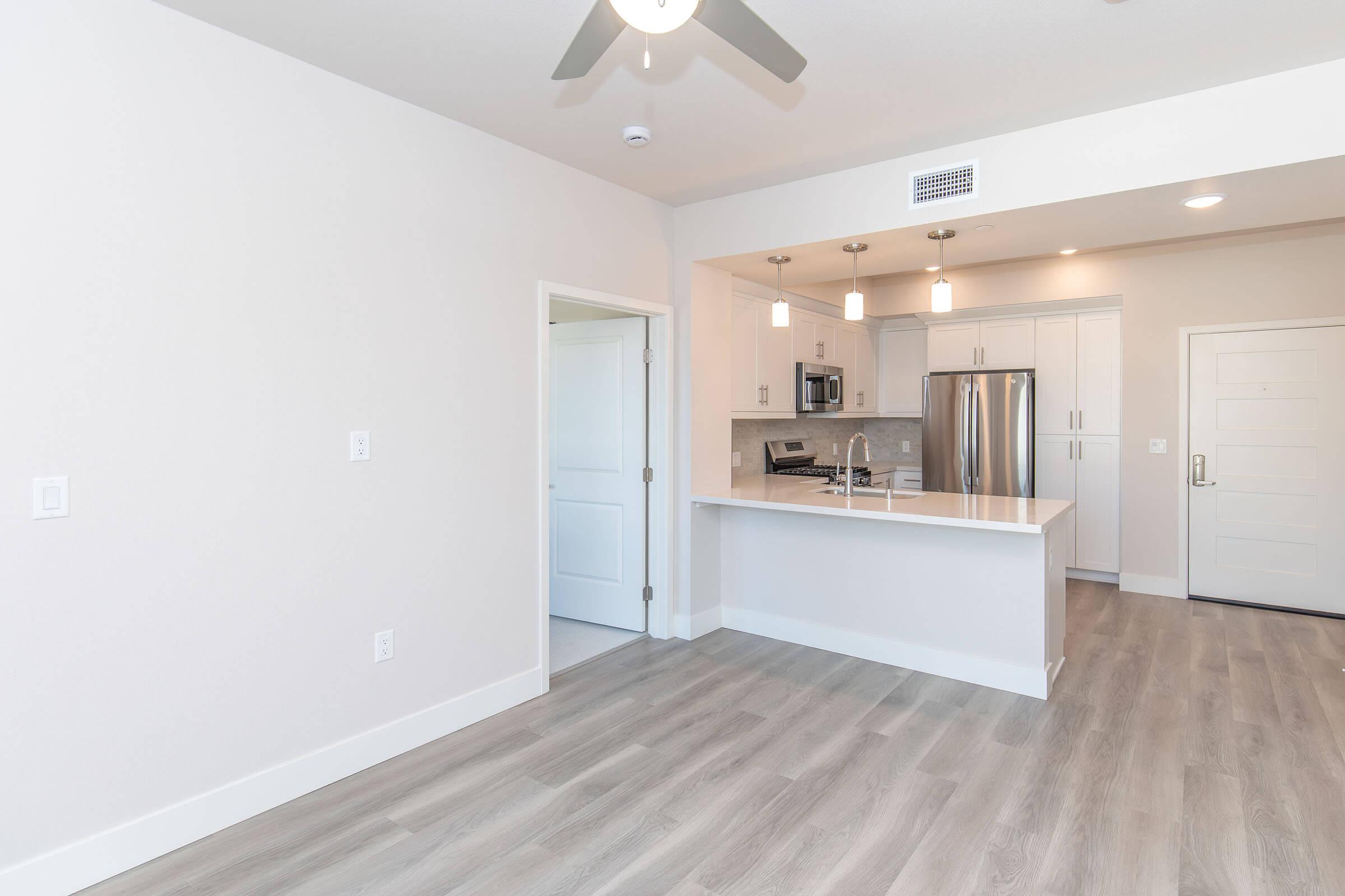 Interior view of a modern apartment showcasing an open-plan kitchen and living area. The kitchen features stainless steel appliances, white cabinetry, and a countertop. Light-colored walls and wooden flooring create a bright and airy atmosphere, with a ceiling fan and recessed lighting.