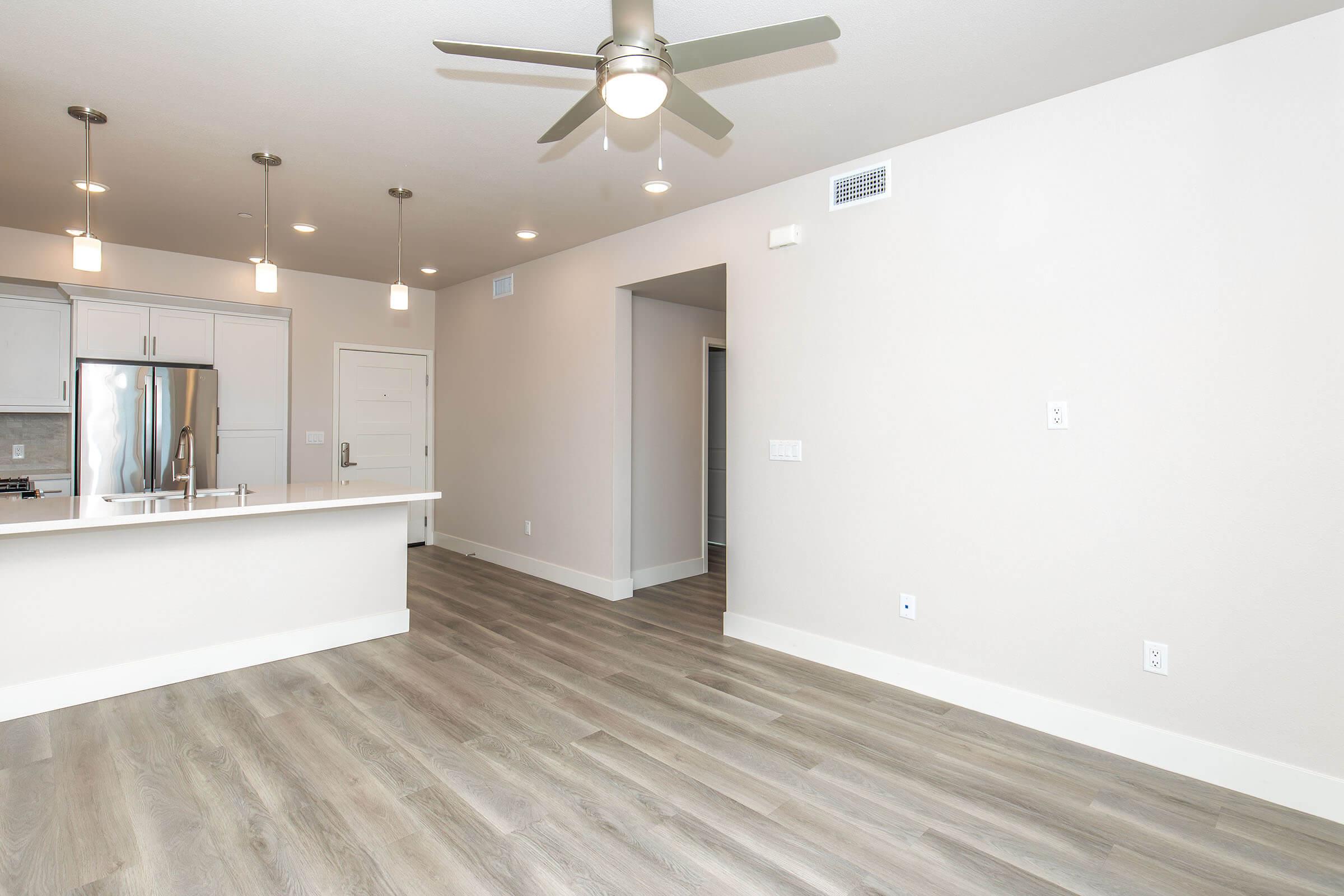 Modern open-concept living space featuring light gray walls, hardwood-style flooring, a ceiling fan, and recessed lighting. The kitchen includes stainless steel appliances and a large island, while the living area offers ample natural light and a sleek design aesthetic, creating a spacious and inviting atmosphere.