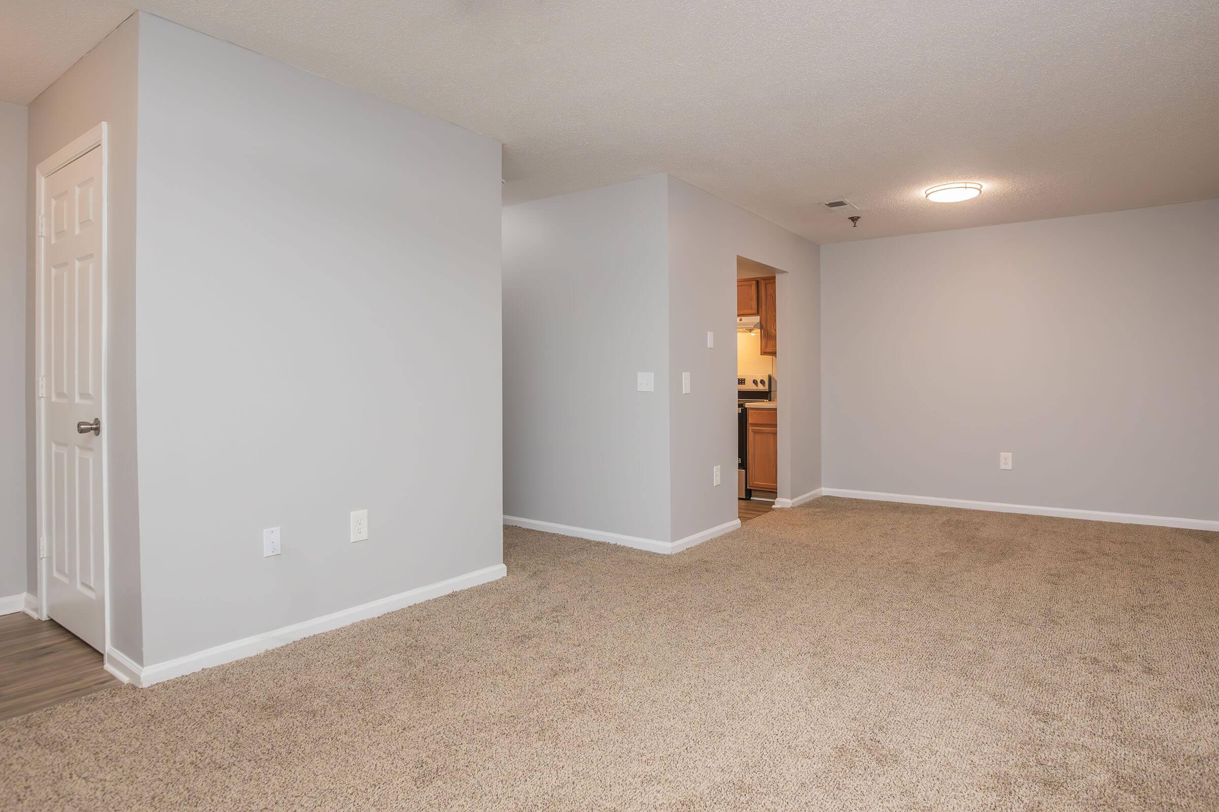 An empty room with beige carpet and light gray walls. There is a doorway leading to a kitchen area in the background. A ceiling light fixture is visible, providing soft lighting. The space appears freshly painted and well-maintained, suggesting a modern and inviting atmosphere.