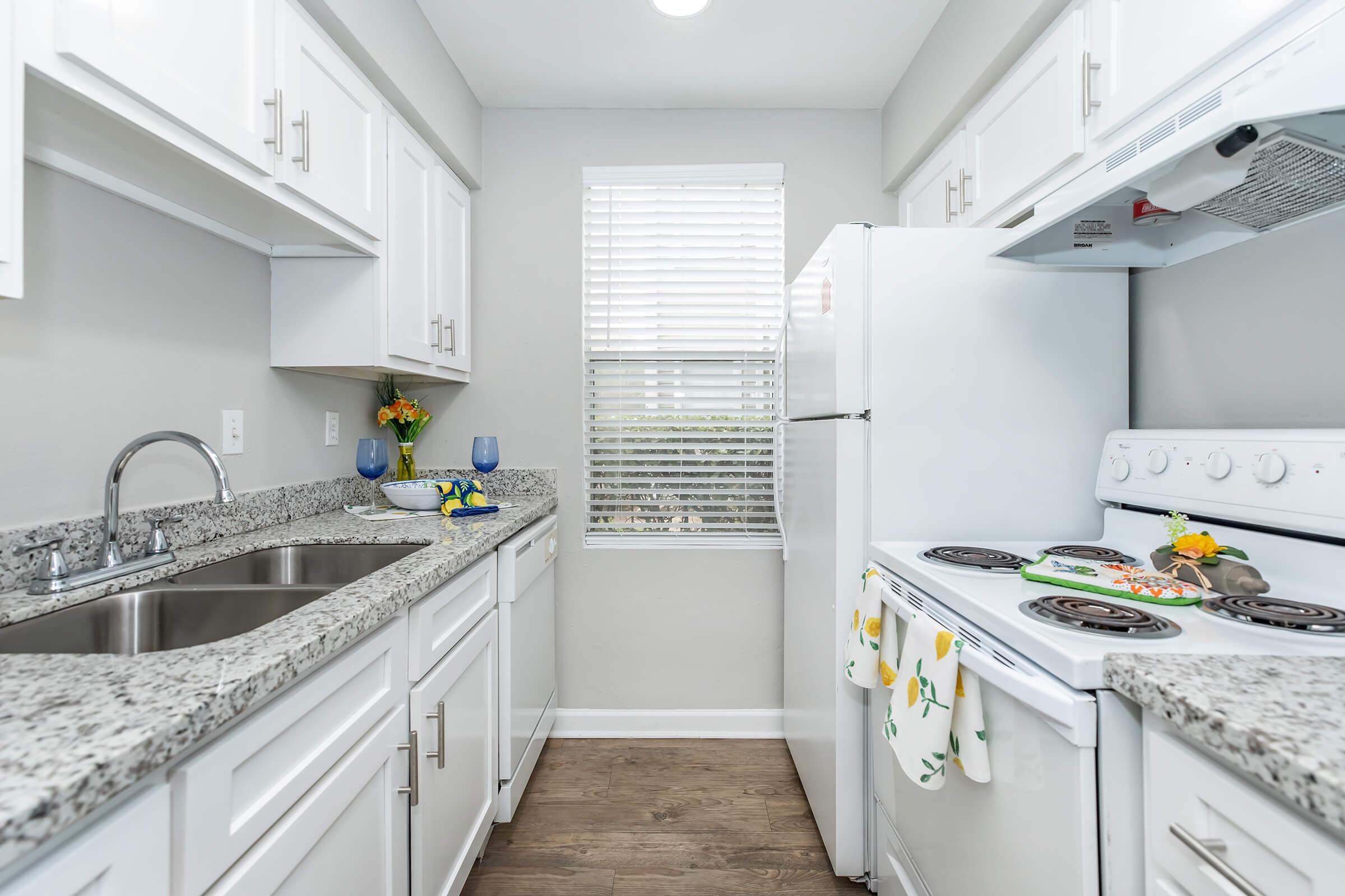 a kitchen with a stove sink and refrigerator