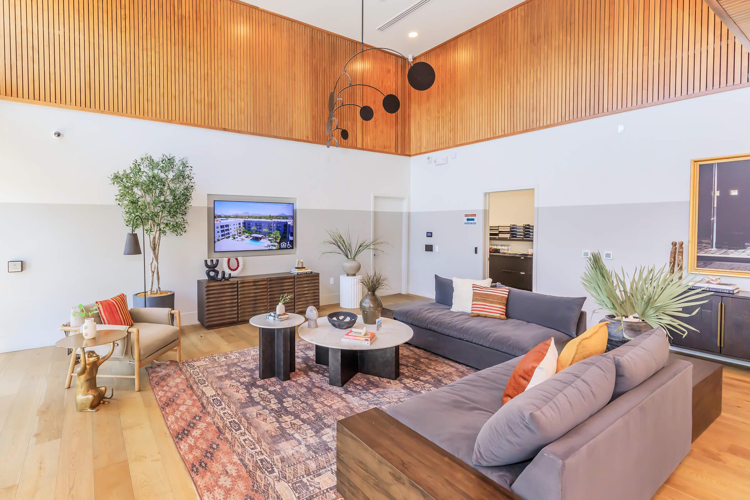 A modern living room featuring a spacious layout with wooden accents, a large rug, a comfortable grey sofa adorned with colorful cushions, a stylish coffee table, a television mounted on the wall, and decorative plants. A cozy and inviting atmosphere is created with natural light and contemporary decor elements.