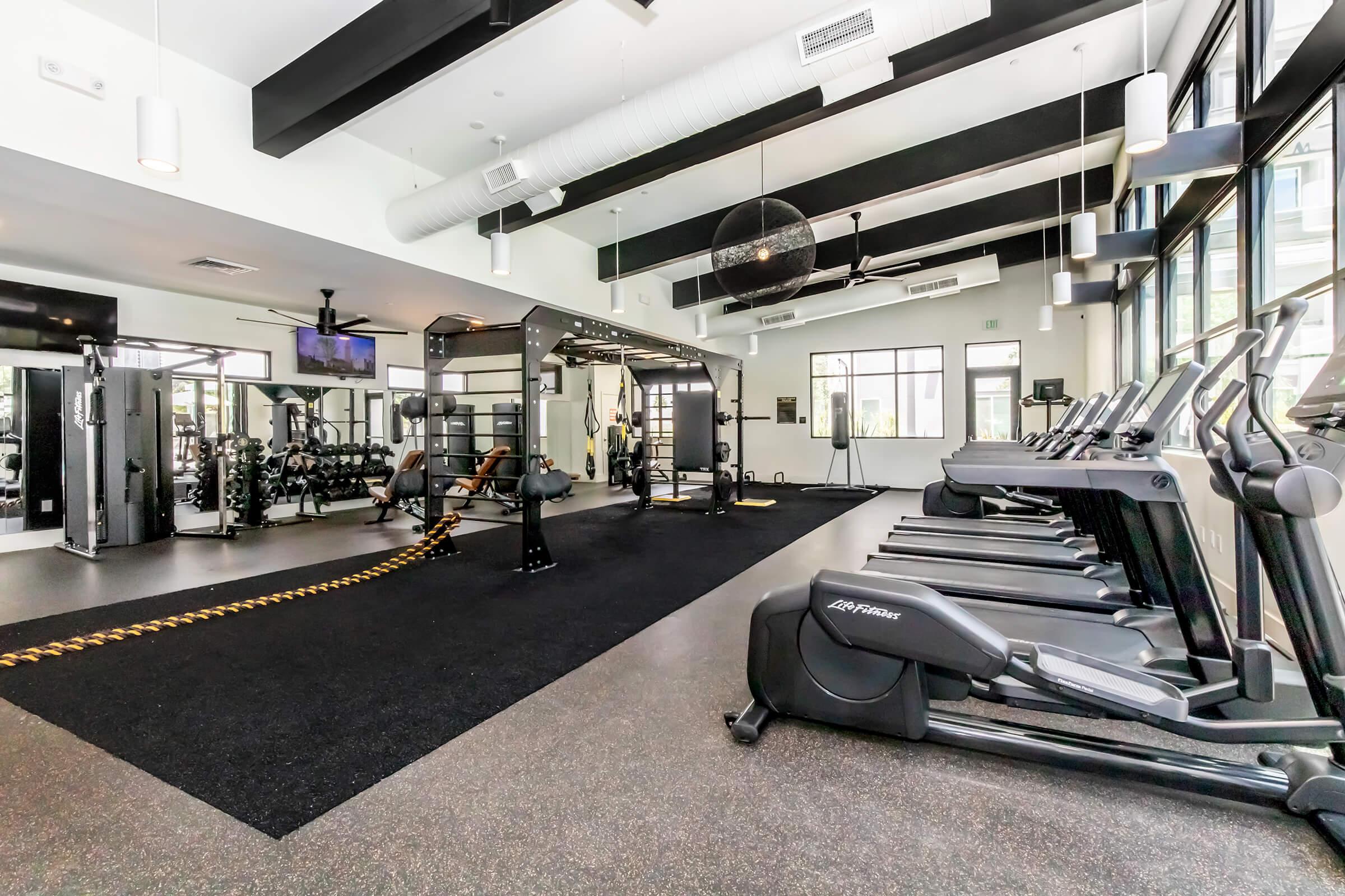Modern gym interior featuring a variety of exercise equipment, including cardio machines like treadmills and ellipticals, weight training stations, and free weights. The space is well-lit with large windows, black rubber flooring, and a sleek design.
