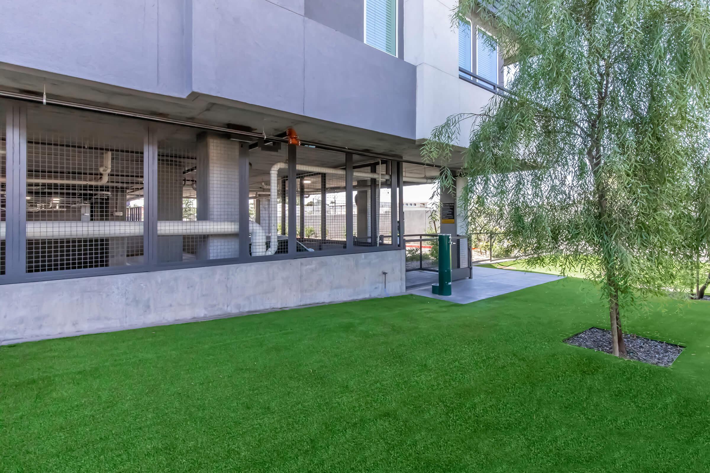 A modern building's exterior with a grassy area, featuring a concrete structure, large windows, and a manicured lawn. There is a small tree adjacent to the grass, and the pavilion-like design suggests a blend of indoor and outdoor spaces.