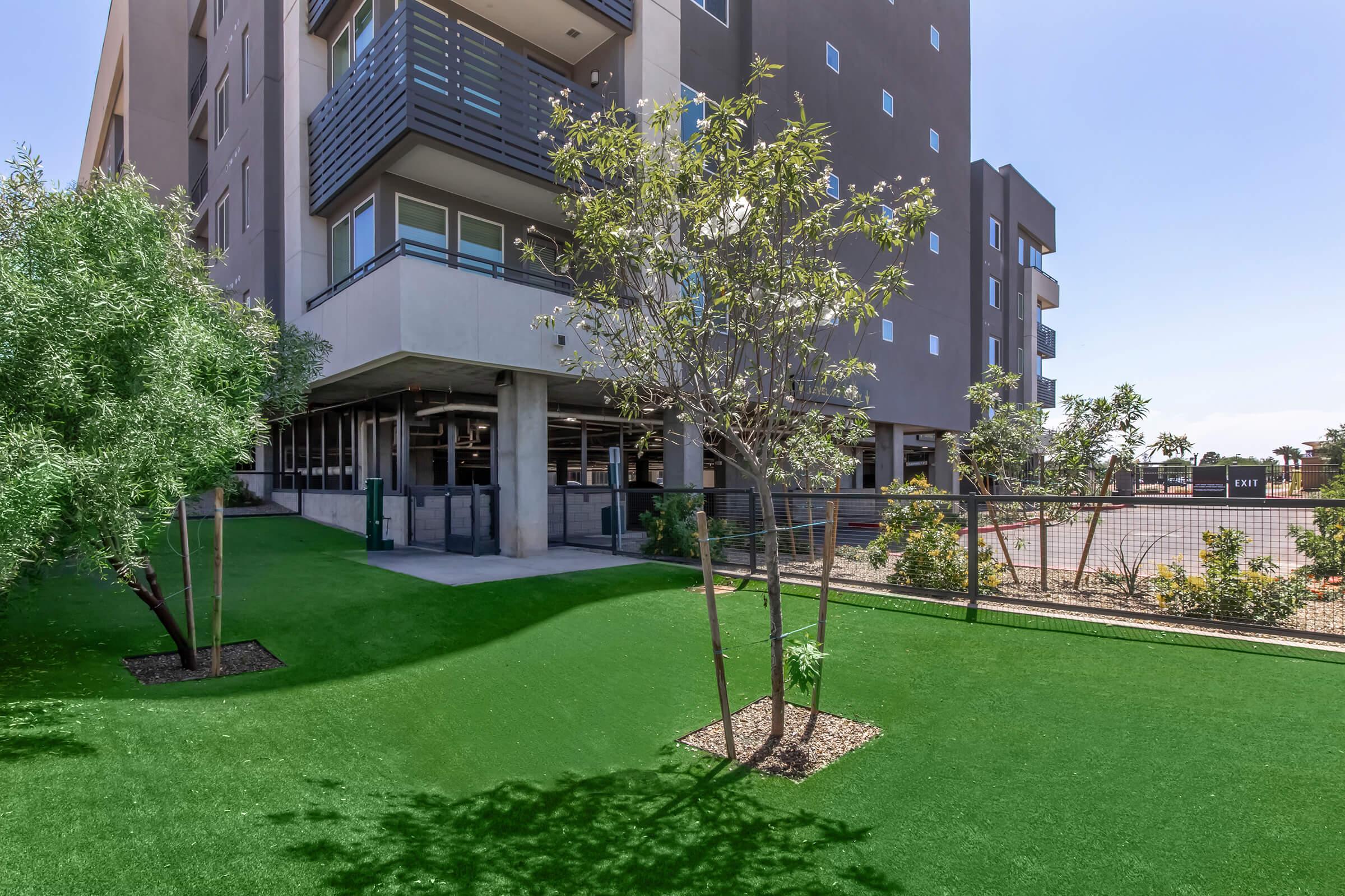 Green lawn area next to a modern building featuring a mix of trees and shrubs, with apartment balconies visible. There is a fenced area, and the scene is set on a sunny day, emphasizing a tranquil outdoor space attractive for residents.