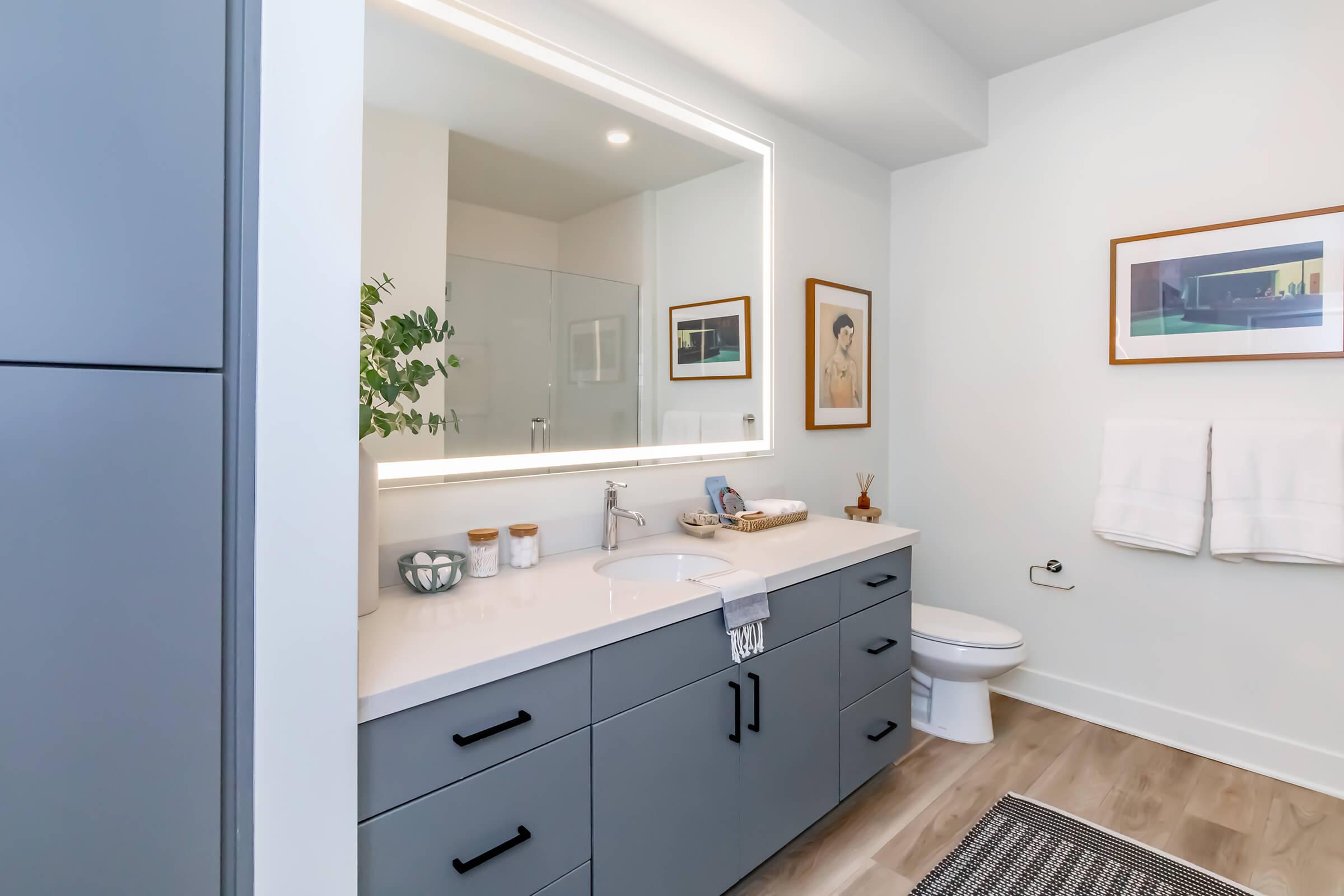 A modern bathroom featuring a large mirror with built-in lighting. The sleek cabinetry is gray with black handles, and the countertop is white. There are decorative items on the counter, including plants. Towels hang neatly on a rack, and a piece of artwork is framed on the wall, contributing to a stylish aesthetic.