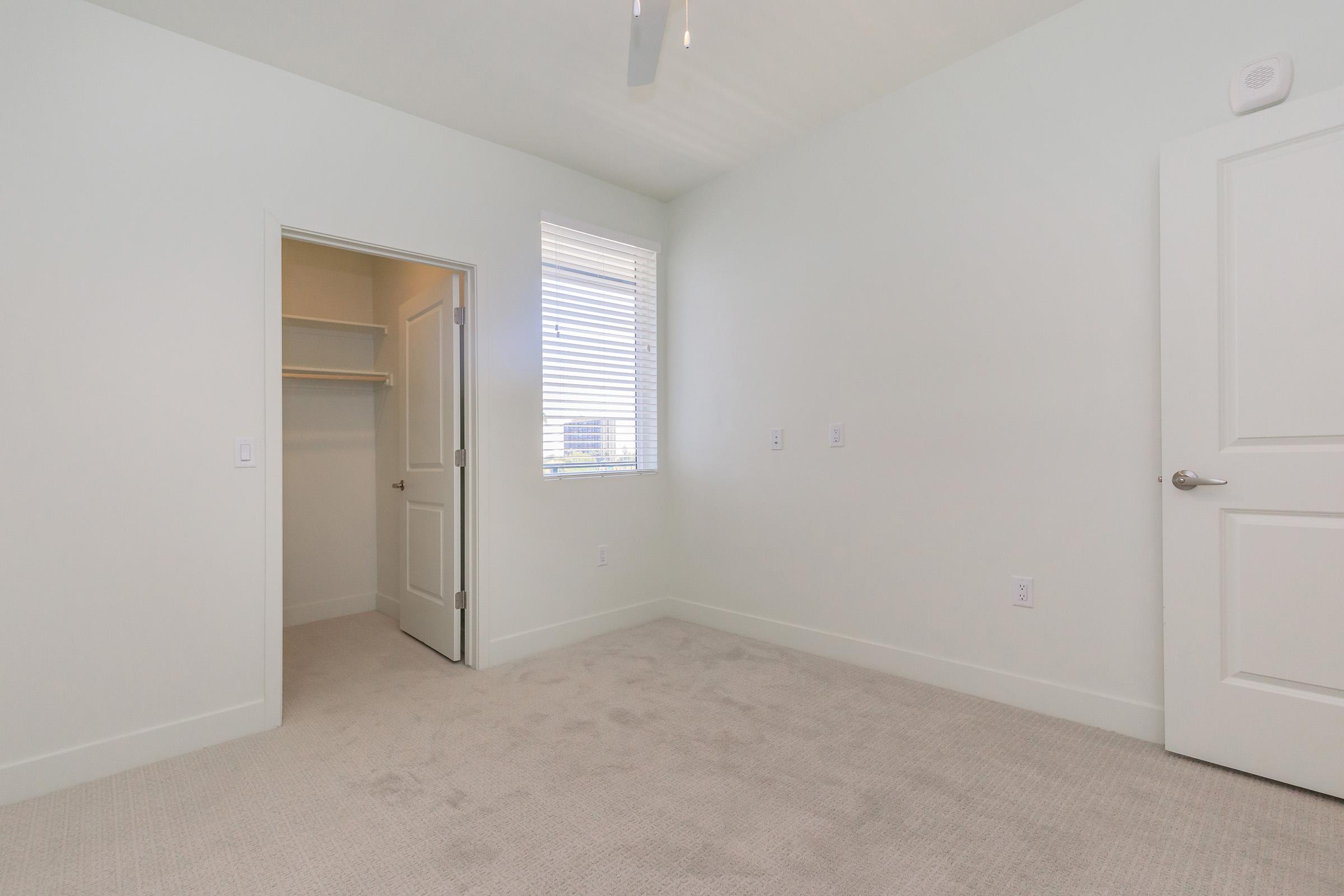 A bright, empty room with light green walls and beige carpet. There is a window with blinds allowing natural light, and a closet door is slightly open. The room features a ceiling fan and modern lighting fixtures, creating a clean and minimalist atmosphere.