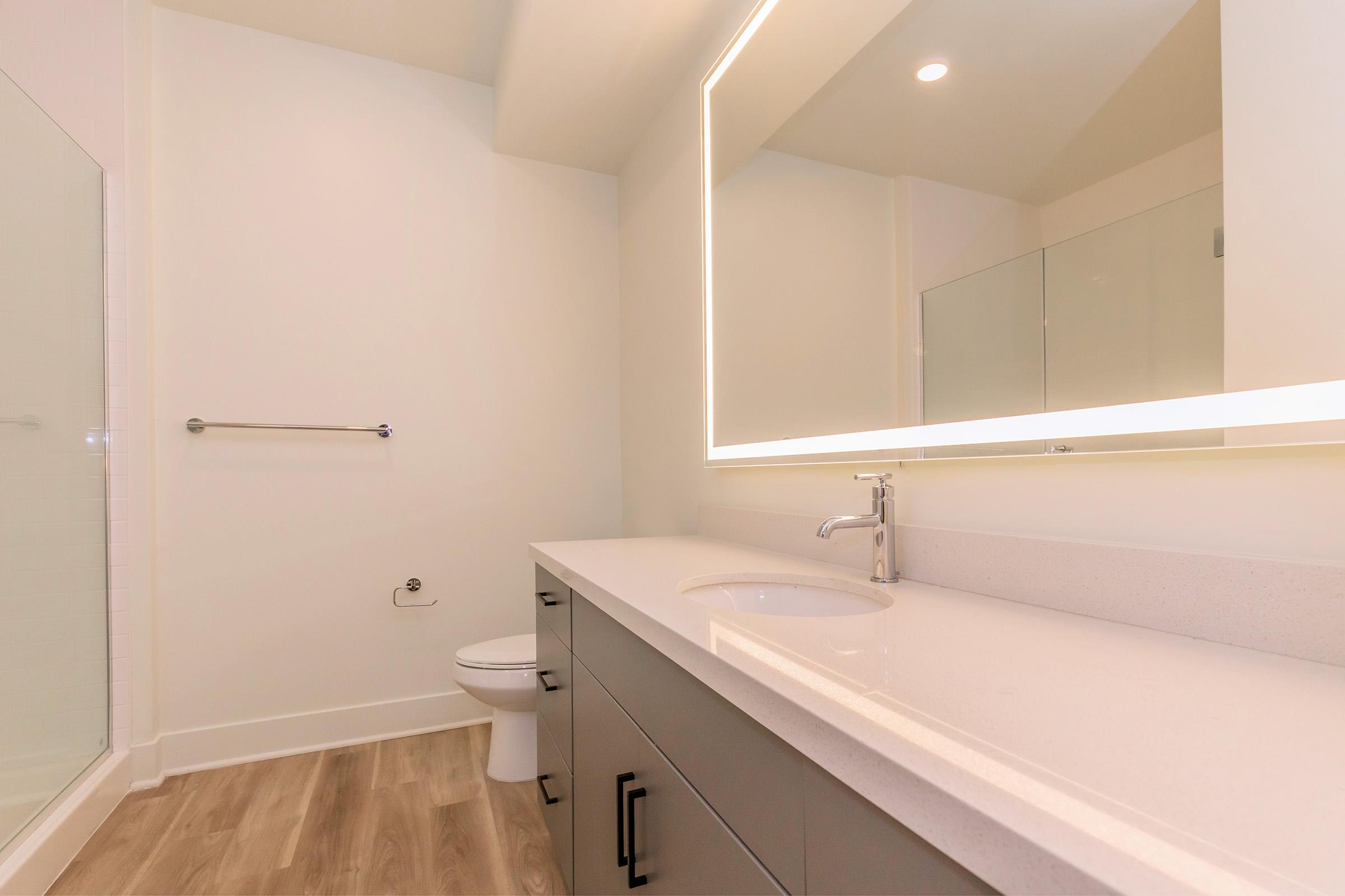 A modern bathroom featuring a sleek vanity with a minimalist design, a large illuminated mirror, light-colored walls, and a glass shower. The floor is covered in light wood planks, and there is a white toilet nearby. The overall aesthetic is clean and contemporary.