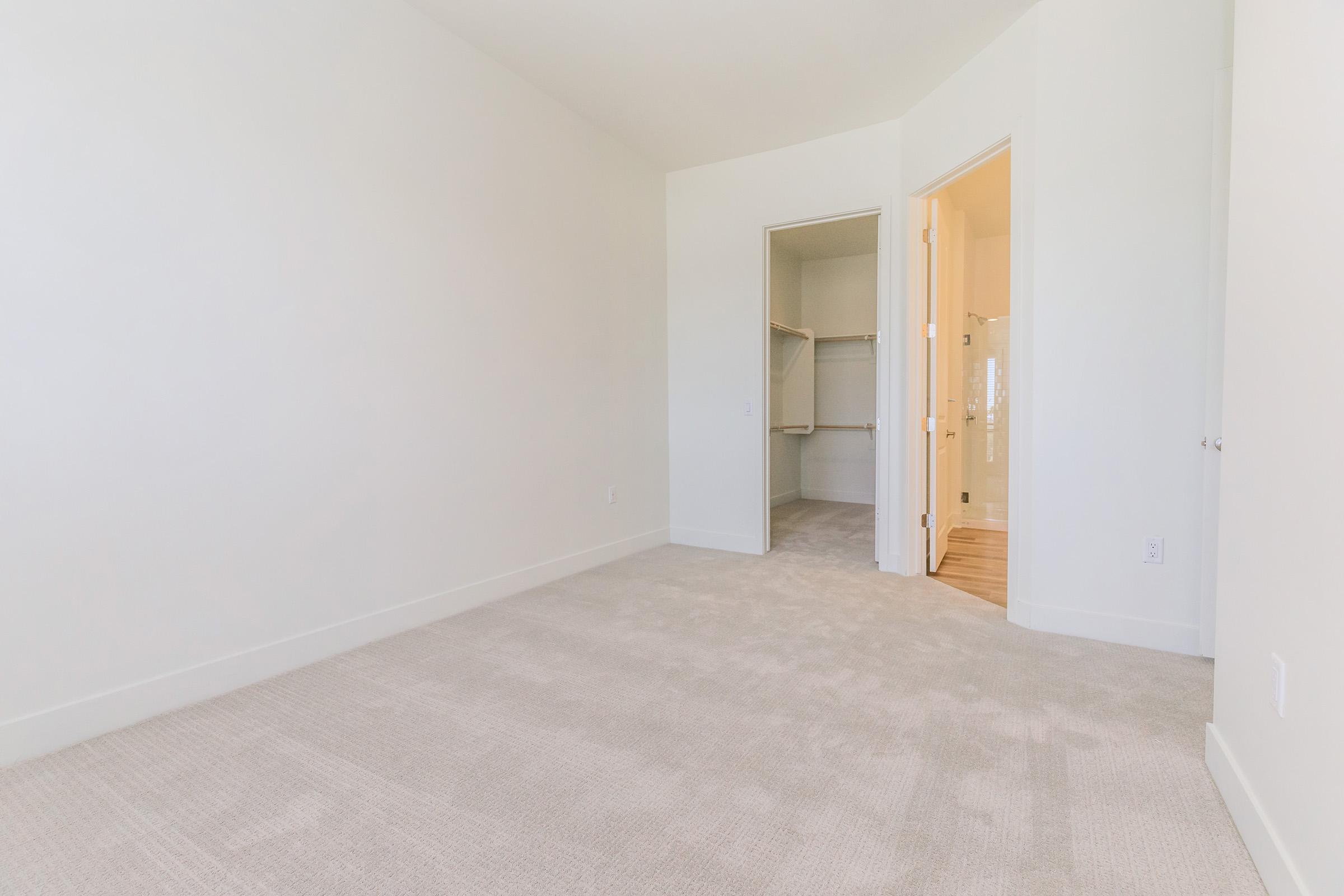 A spacious, empty room with light-colored walls and soft beige carpet. On one side, there is an open closet with shelves, while a doorway leads to a bathroom. The room has a bright, airy feel due to ample natural light entering through the door.
