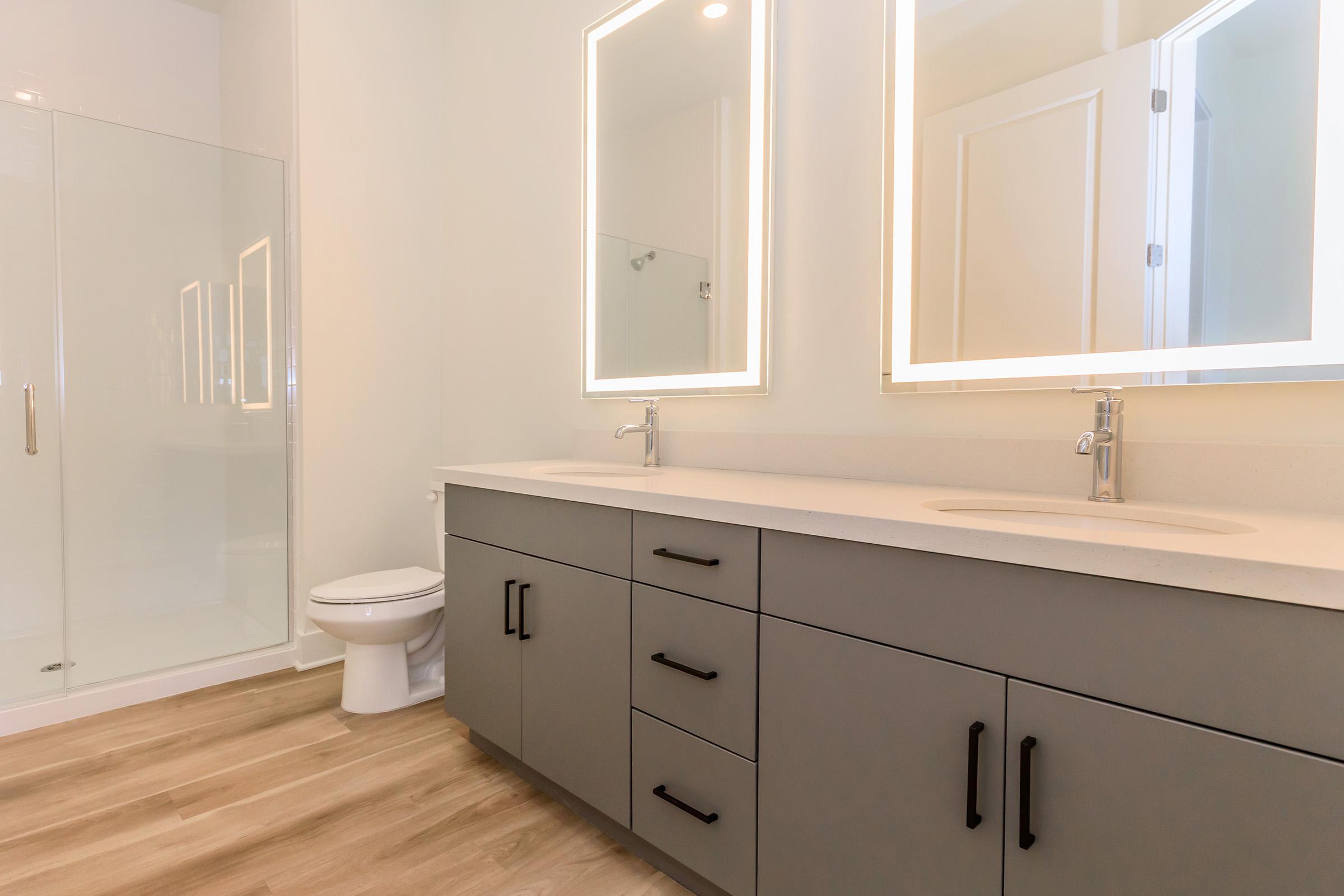 A modern bathroom featuring a double vanity with sleek gray cabinets, two illuminated mirrors, a glass shower enclosure, and light-colored flooring. The design emphasizes simplicity and elegance.