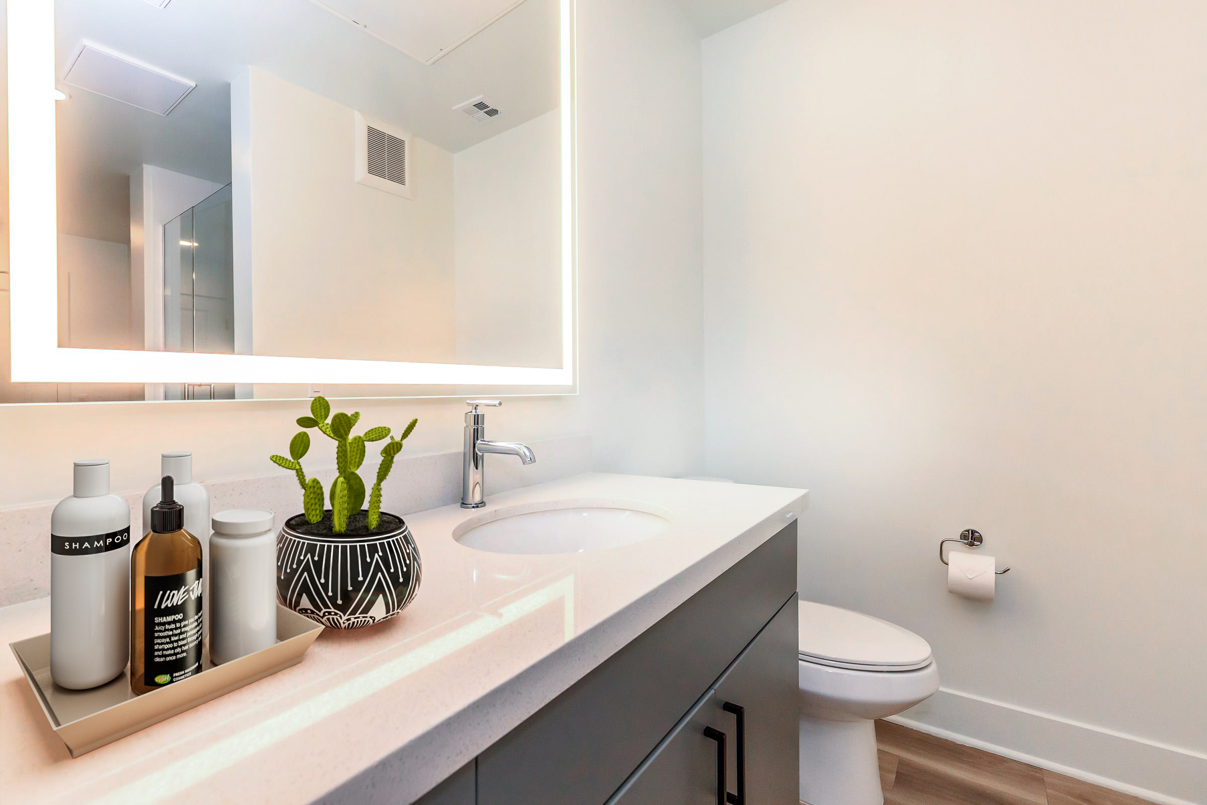 A modern bathroom featuring a sleek countertop with a tray holding shampoo and lotion bottles, a small potted cactus, and a stylish mirror with backlighting. The decor is minimalist with light-colored walls, a gray cabinet, and a white toilet. Natural light enhances the clean and airy atmosphere.