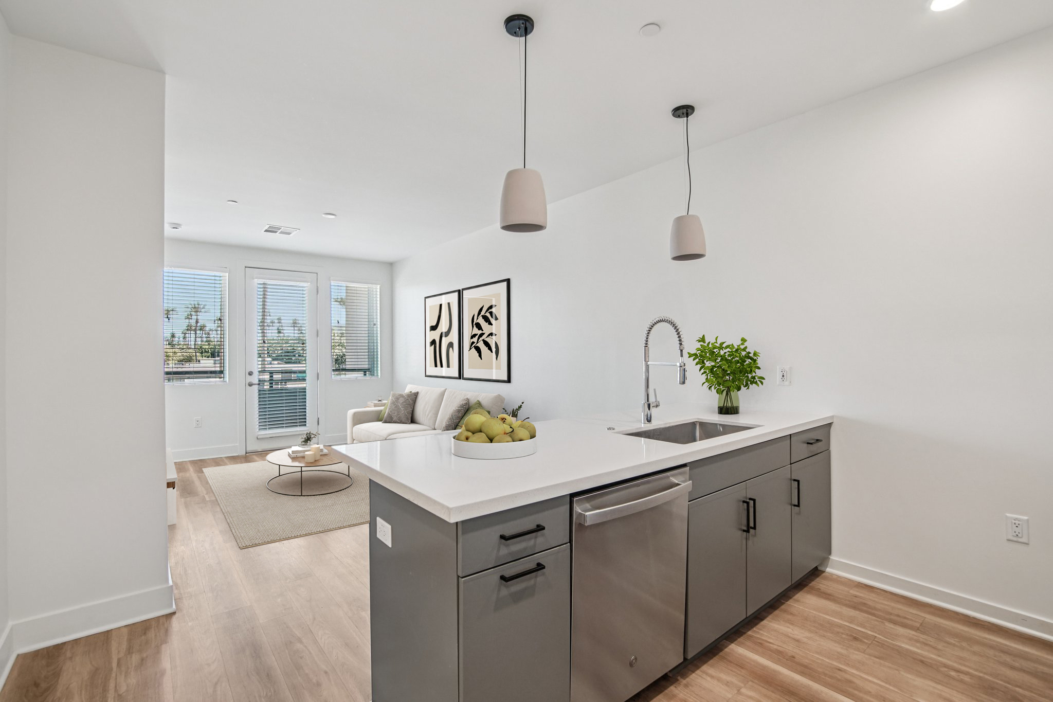 A modern kitchen with a stainless steel sink and dishwasher, featuring sleek cabinets. A bowl of green apples sits on the countertop. In the background, a living area with a light gray sofa and a rug can be seen, along with windows offering a view of palm trees outside.