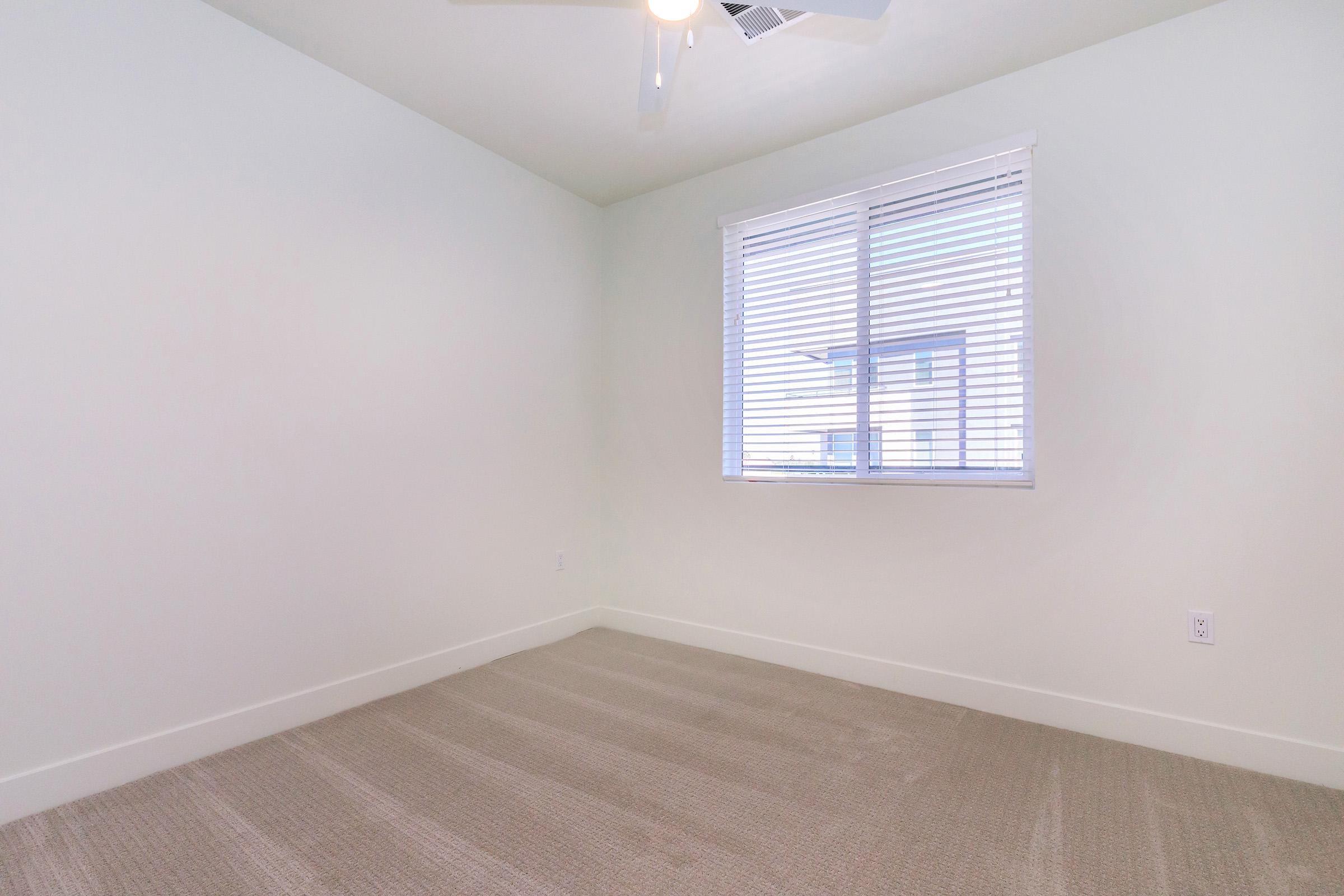 A spacious, empty room with light green walls and a ceiling fan. There is a window with blinds allowing natural light to enter. The floor is covered with light-colored carpet, creating a clean and minimalist aesthetic.