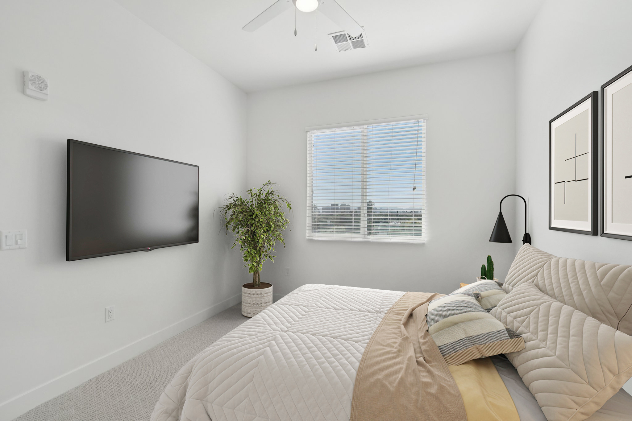 A modern bedroom featuring a large bed with a quilted comforter and decorative pillows. There is a flat-screen TV mounted on the wall opposite the bed, a window with blinds allowing natural light, and a small potted plant near the bed. The walls are painted white, creating a bright and airy atmosphere.