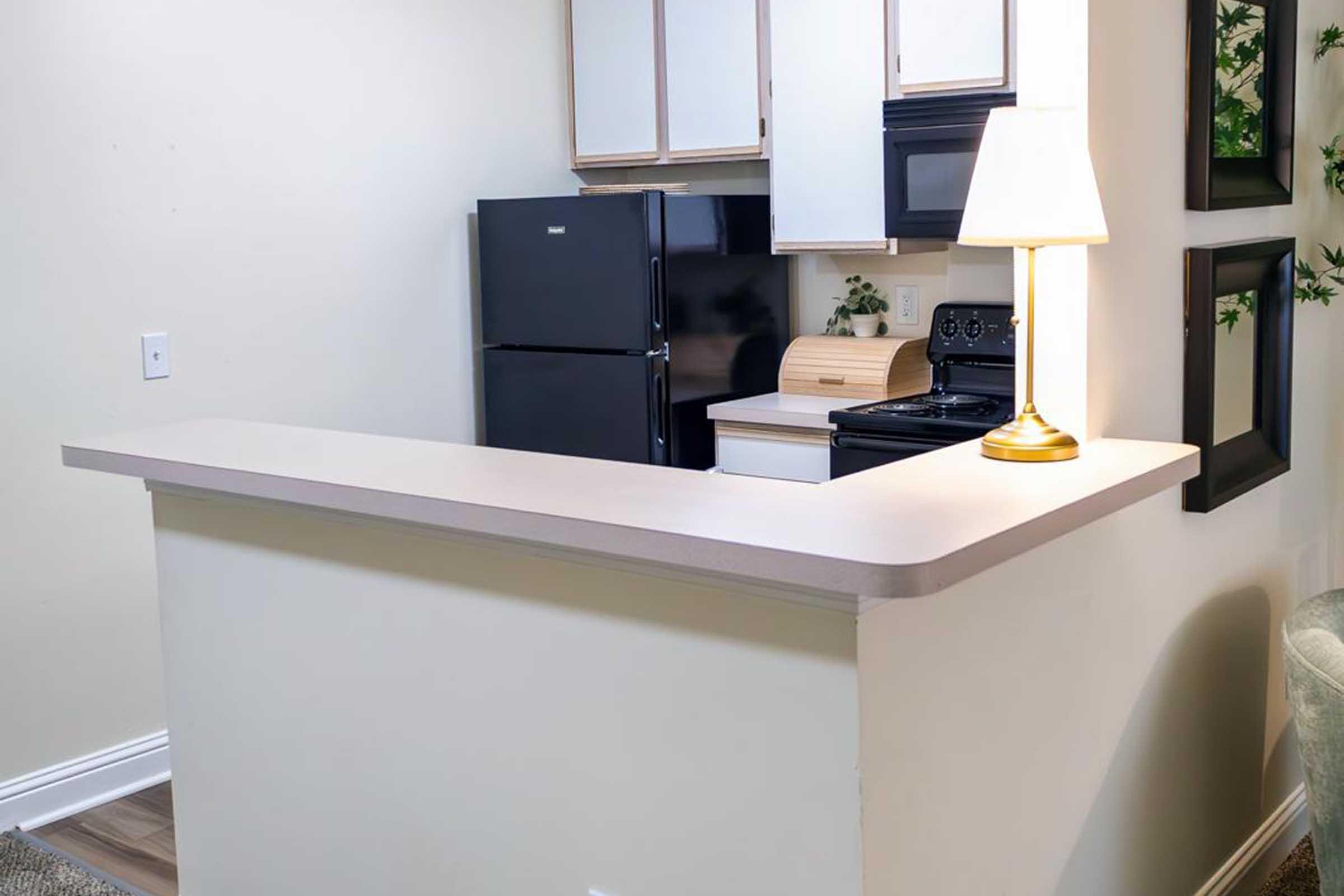 A view of a kitchen with a bar area featuring a countertop. There is a black refrigerator and a stove visible, along with a small lamp on the countertop. The kitchen has light-colored walls and cabinets, with greenery decor in the background. The space appears clean and well-lit.