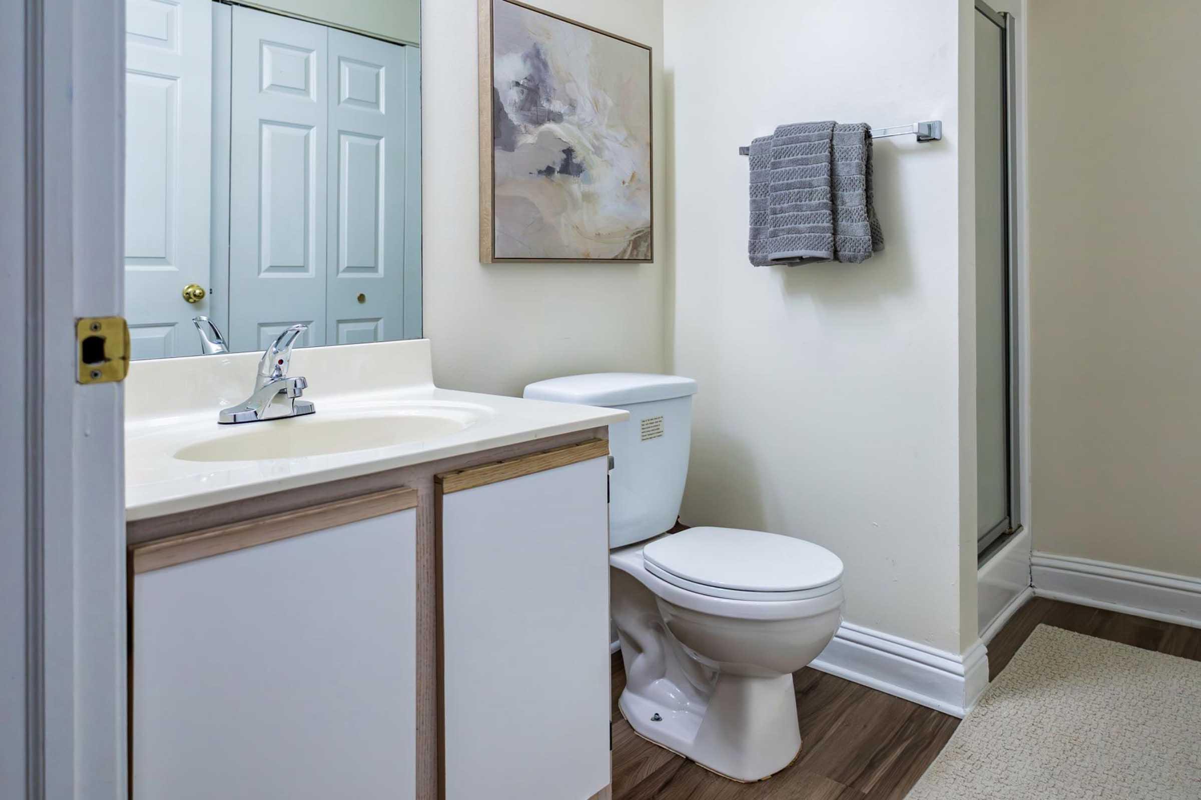 A small bathroom featuring a light-colored vanity with a sink, a white toilet, and a glass shower. The wall is decorated with an abstract painting, and a gray towel is hanging on a towel bar. The floor is covered with a light area rug, and there are beige walls with a door leading to another room.