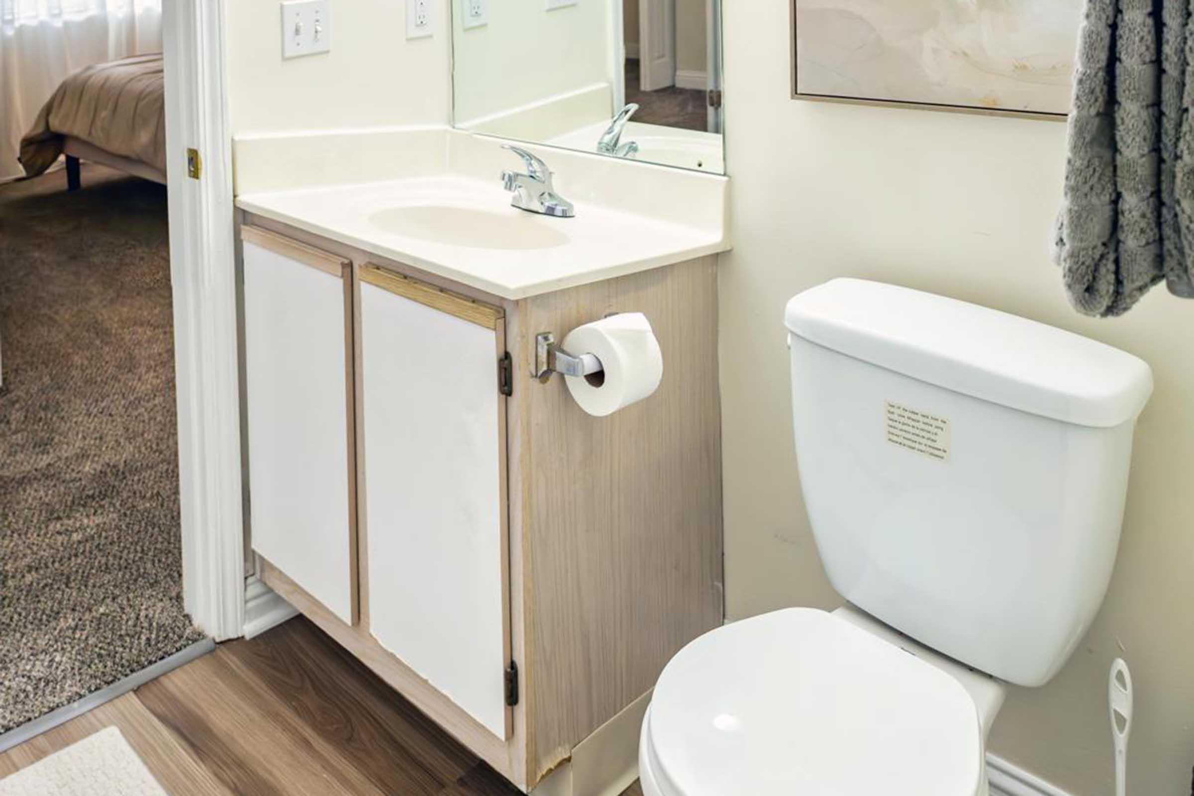 A bathroom scene featuring a sink with a countertop and mirror, a cabinet underneath, a toilet, and a roll of toilet paper on a holder. The space has light-colored walls and a cozy atmosphere, with a glimpse of a bedroom visible in the background. Flooring is a warm wood tone.