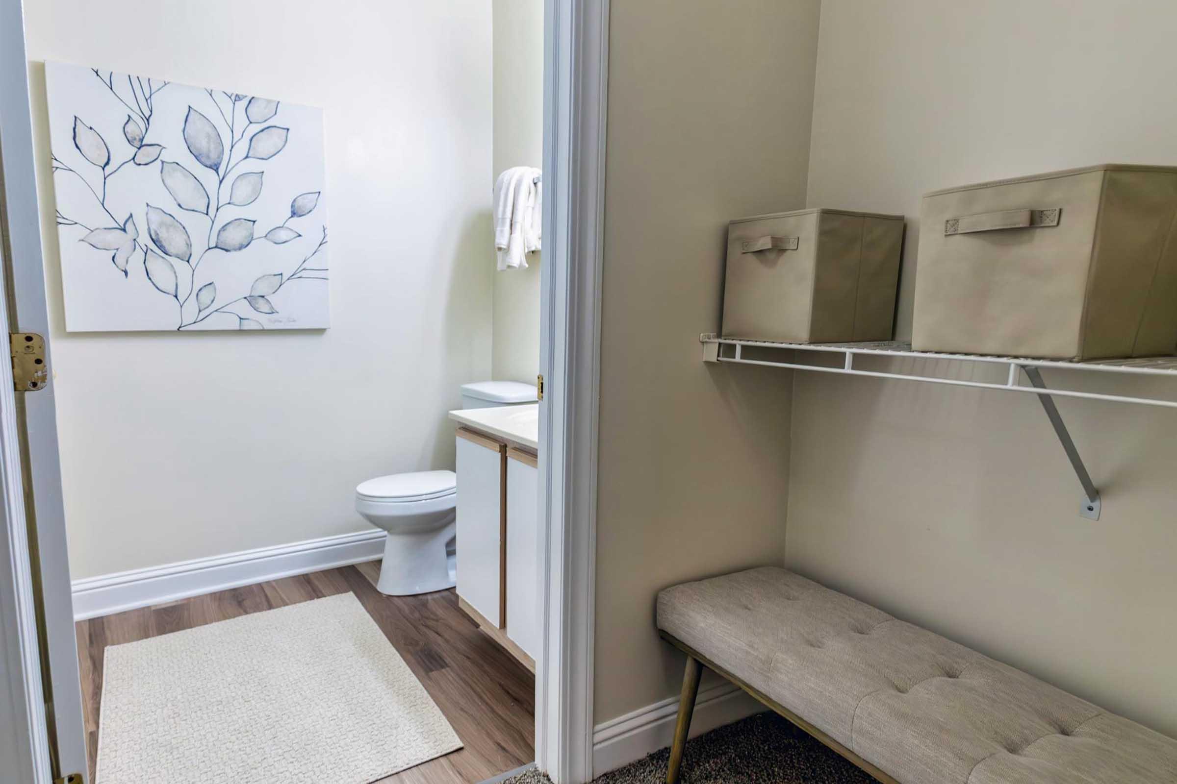 A clean, modern bathroom featuring a white toilet, a light-colored vanity with a mirror, and a decorative wall art with leaf designs. There is a beige rug on the floor, a plush bench, and storage baskets on a shelf, creating a warm and inviting atmosphere.