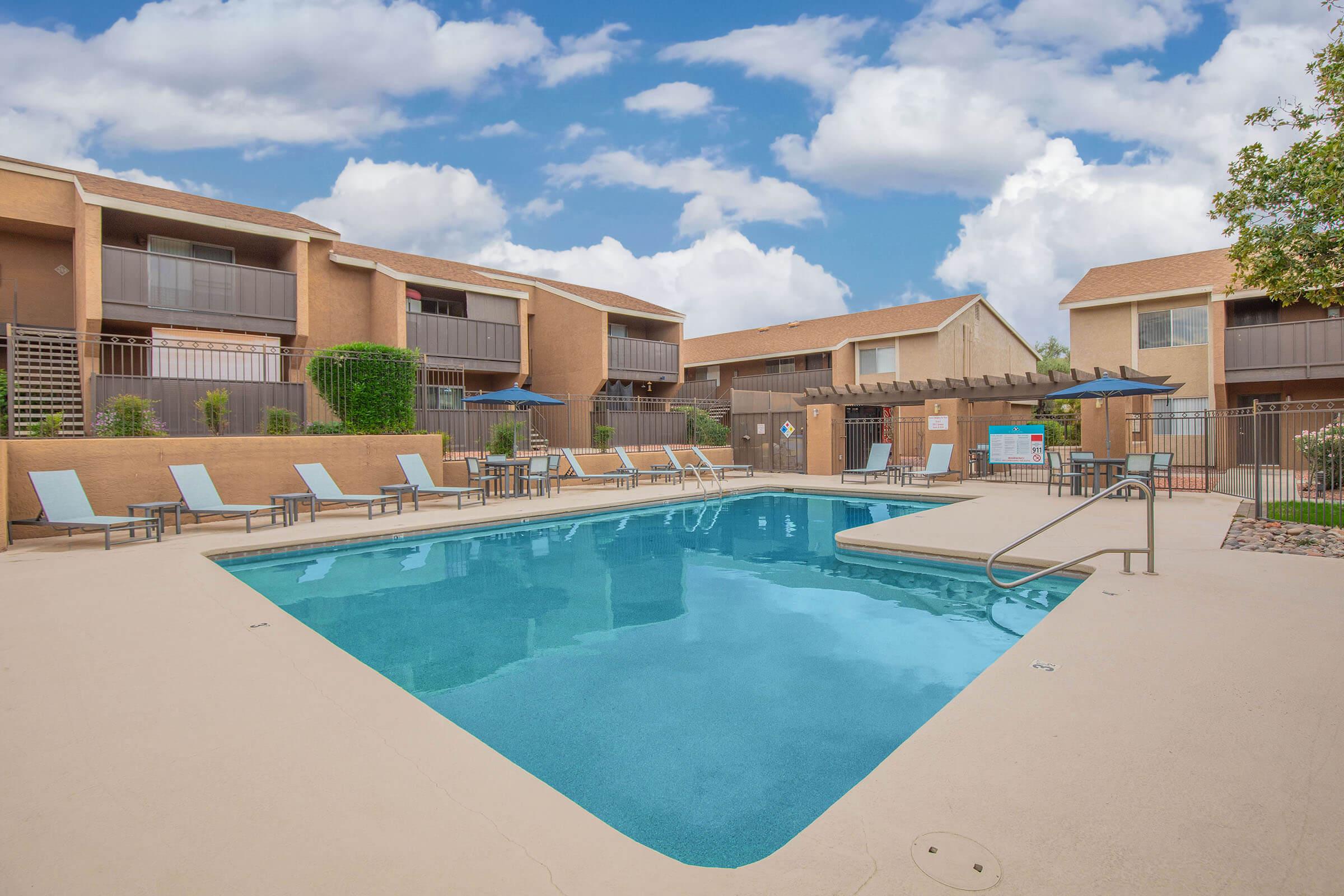 a pool next to a building