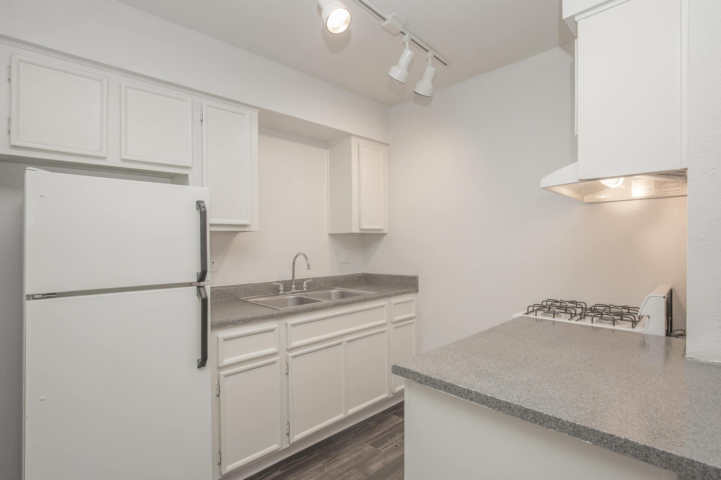 a kitchen with a sink and a refrigerator